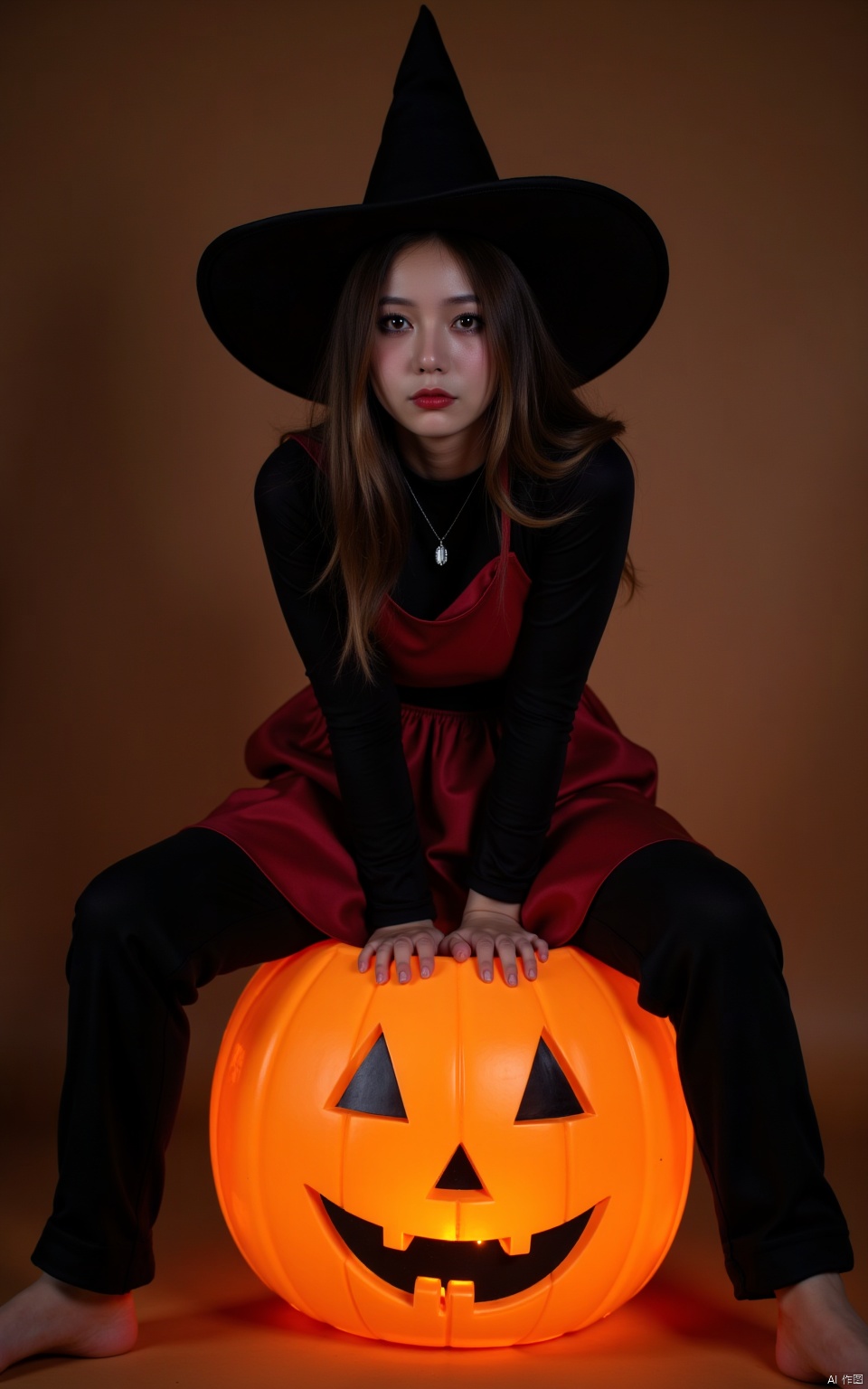 Halloween makeup,a girl sitting on a pumpkin lantern with her legs crossed and wearing a witch's hat,a grim expression,a full-body photo,