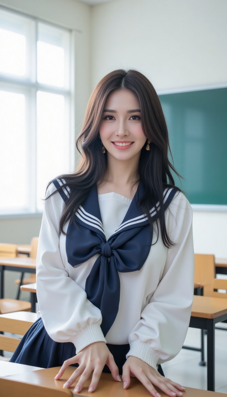 A woman stands in a classroom,  wearing a traditional Japanese sailor school uniform known as serafuku. She faces the came...