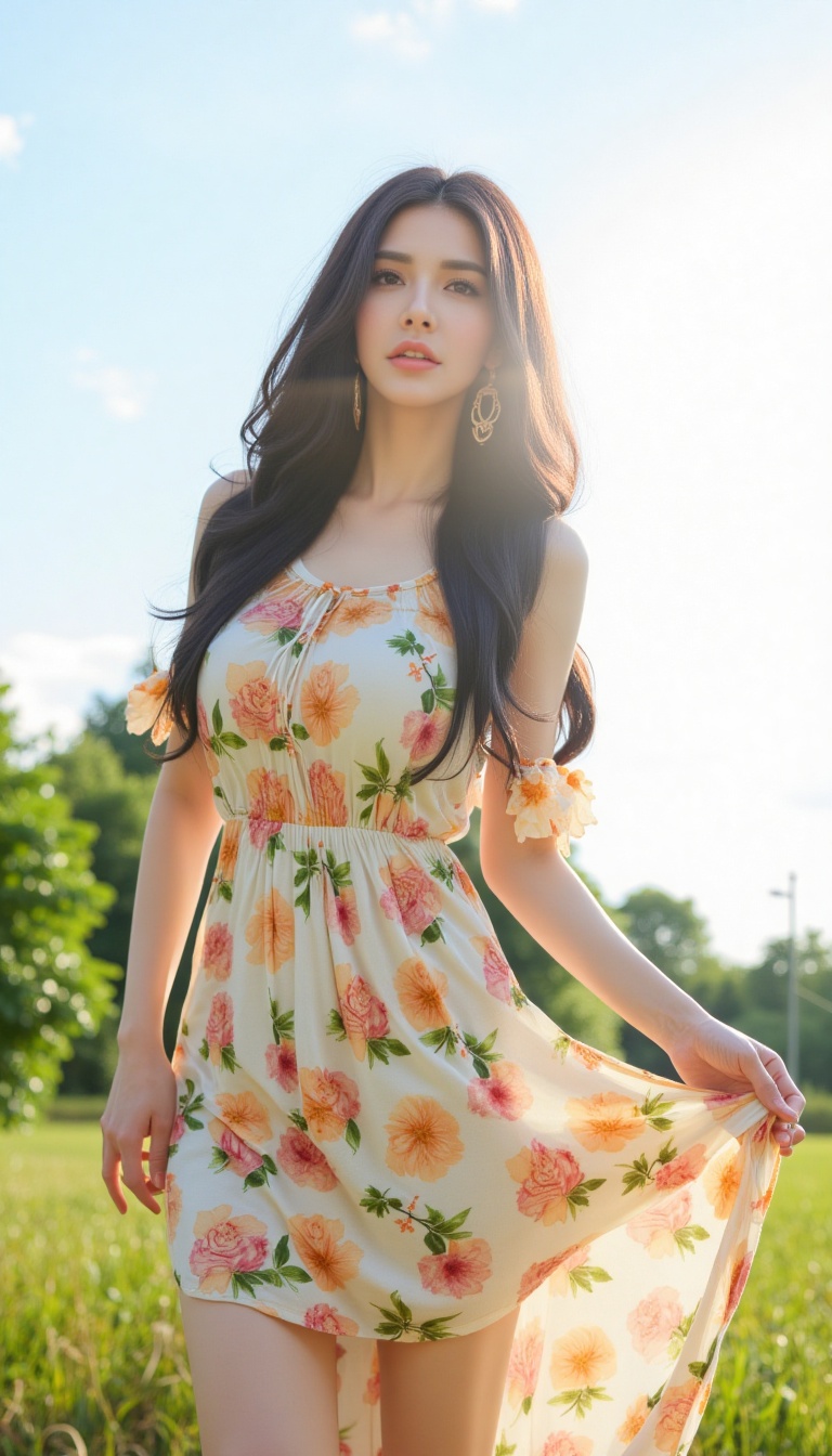 A beauty woman in a flowing sun dress stands under a clear sky with gentle sunlight casting a warm glow. She is framed sli...