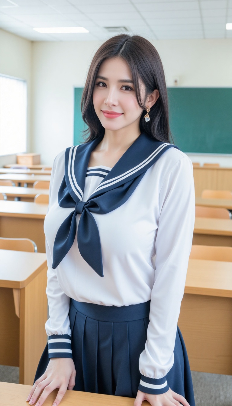 A woman stands in a classroom,  wearing a traditional Japanese sailor school uniform known as serafuku. She faces the came...