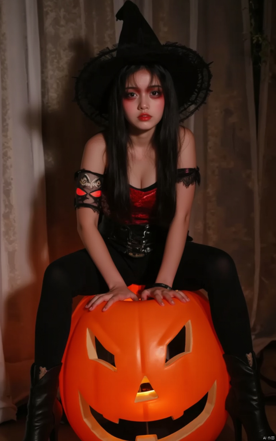 Halloween makeup,a girl sitting on a pumpkin lantern with her legs crossed and wearing a witch's hat,a grim expression,a full-body photo,
