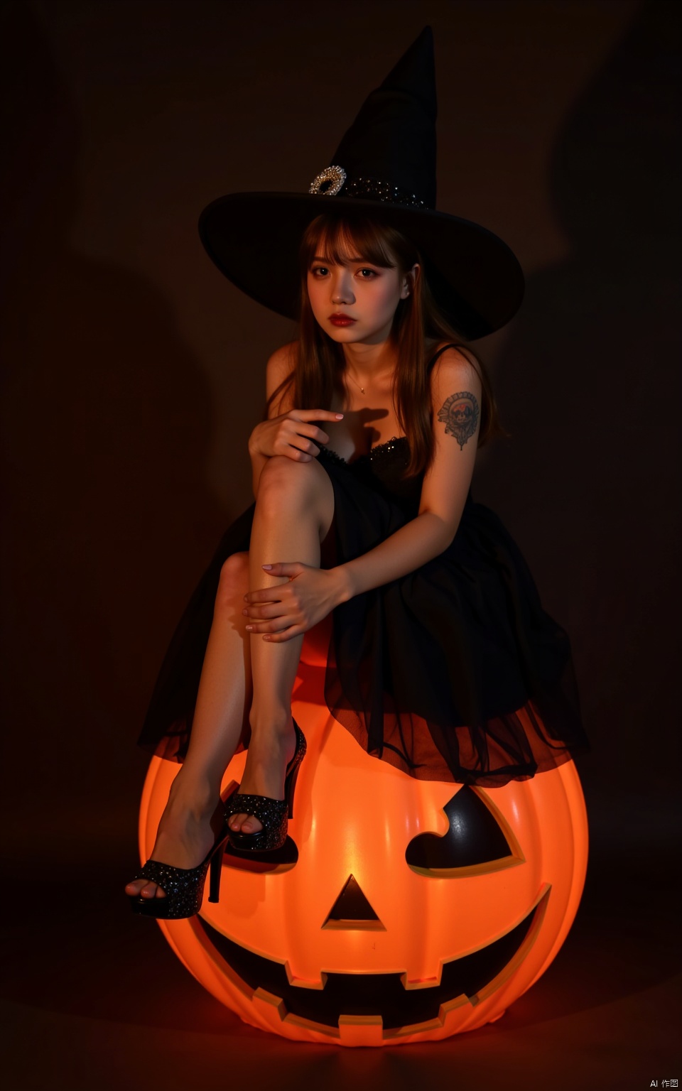 Halloween makeup,a girl sitting on a pumpkin lantern with her legs crossed and wearing a witch's hat,a grim expression,a full-body photo,