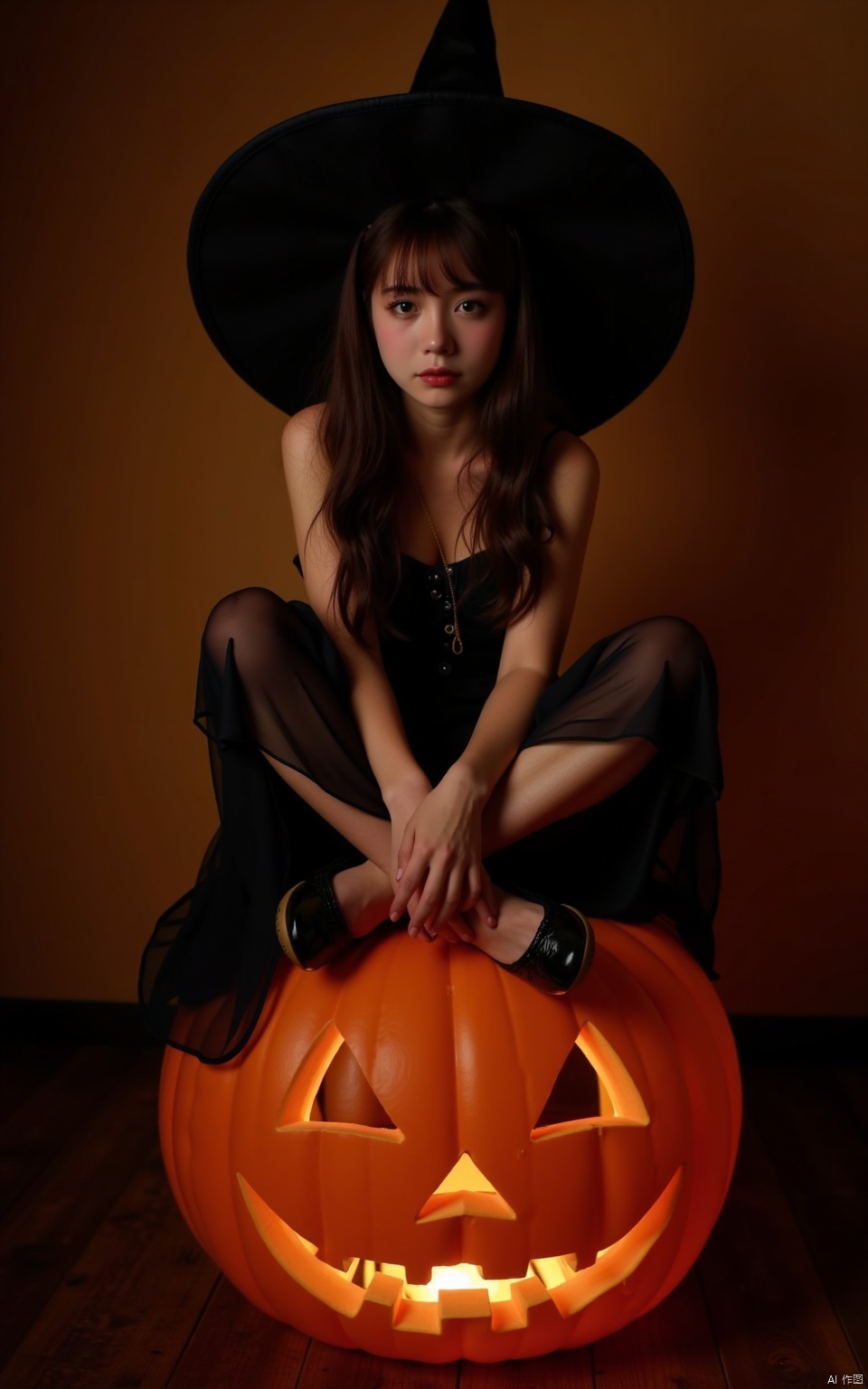 Halloween makeup,a girl sitting on a pumpkin lantern with her legs crossed and wearing a witch's hat,a grim expression,a full-body photo,
