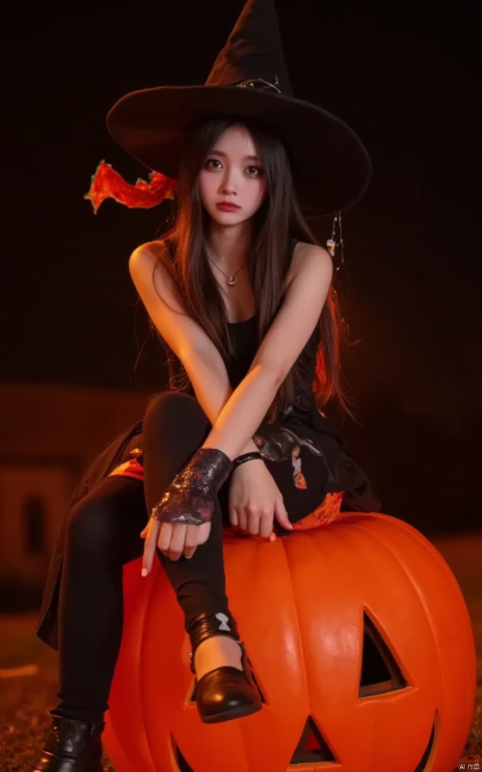 Halloween makeup,a girl sitting on a pumpkin lantern with her legs crossed and wearing a witch's hat,a grim expression,a full-body photo,