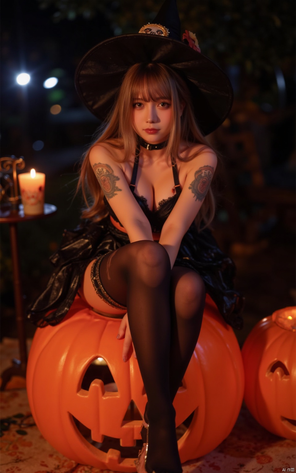 Halloween makeup,  a girl sitting on a pumpkin lantern with her legs crossed and wearing a witch's hat,  a grim expression...