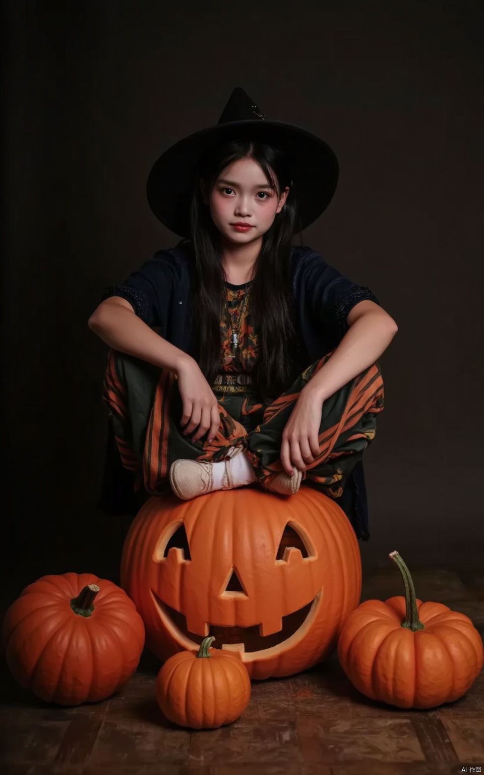 Halloween makeup,a girl sitting on a pumpkin lantern with her legs crossed and wearing a witch's hat,a grim expression,a full-body photo,