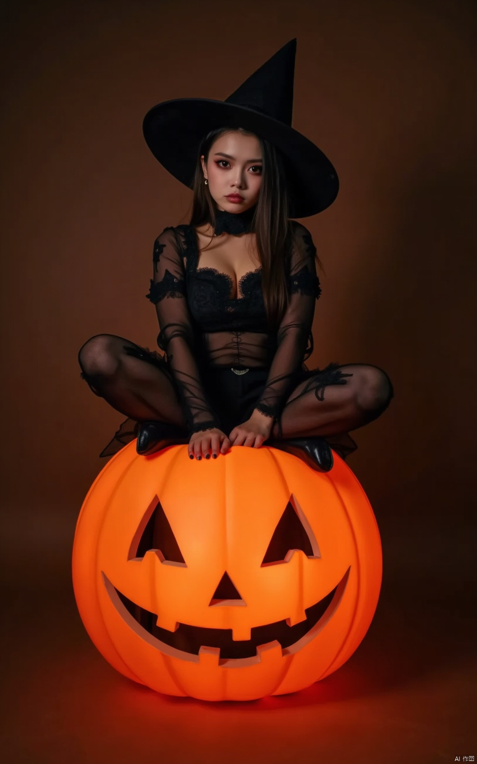 Halloween makeup,a girl sitting on a pumpkin lantern with her legs crossed and wearing a witch's hat,a grim expression,a full-body photo,