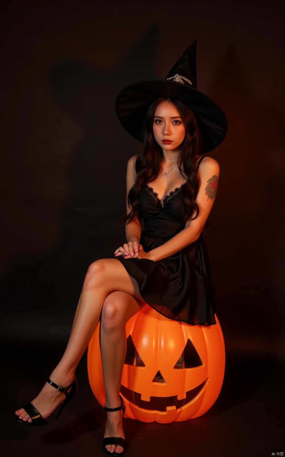 Halloween makeup,a girl sitting on a pumpkin lantern with her legs crossed and wearing a witch's hat,a grim expression,a full-body photo,