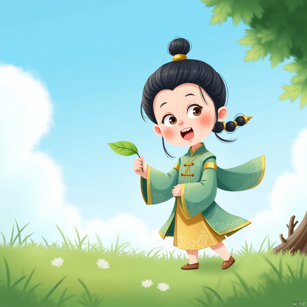 1girl, outdoors, day, chinese clothes, hair bun, tree, open mouth, sky, grass, holding, leaf, blue sky, black hair, cloud, fangs, standing, dress, wind, child, teeth, brown eyes, single hair bun, looking at another, long sleeves, yellow eyes