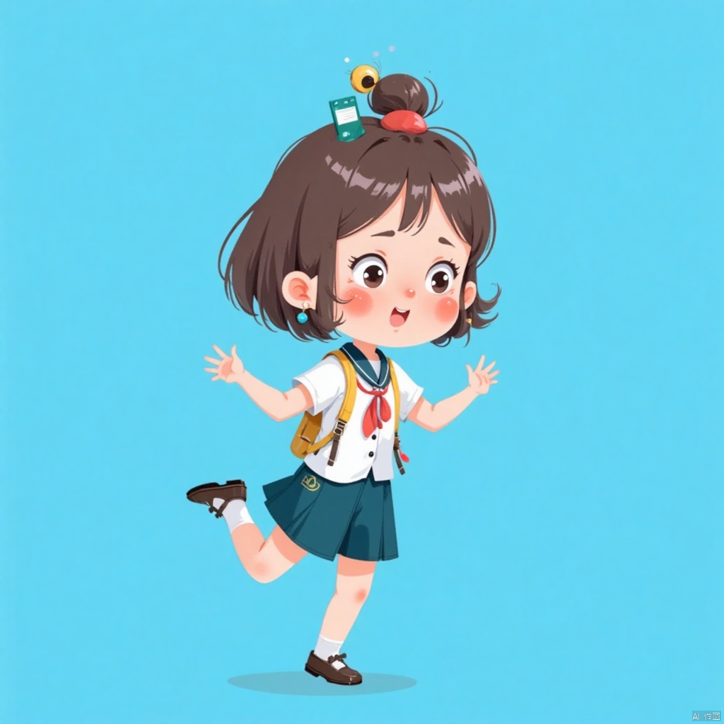 A girl in school uniform, lively, chubby shoes, ultramarine background