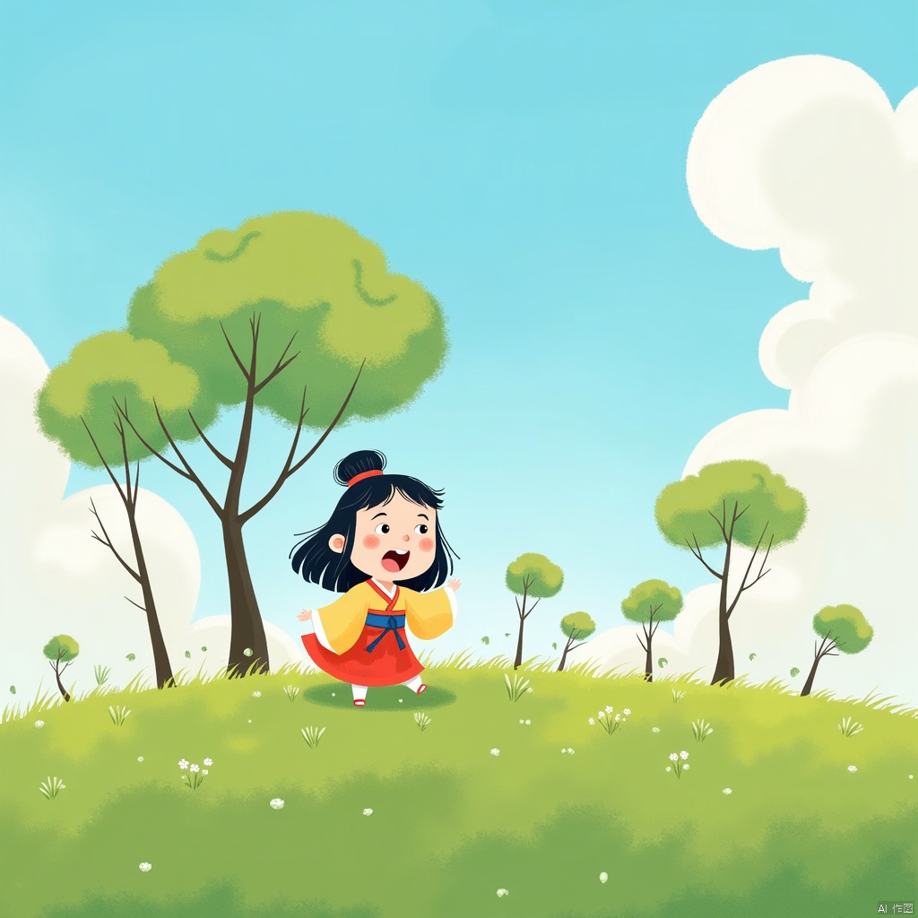 A girl in Hanfu is playing on the grassland, with her mouth open to show her sharp teeth. There are a few irregularly-shaped trees around her, and the sky is filled with fluffy clouds that are blown by the wind. The overall atmosphere of the picture is lively.