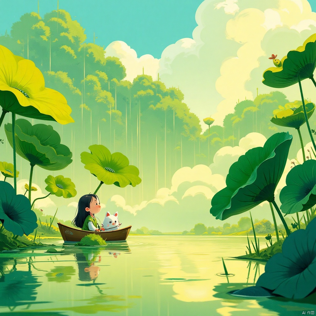 A girl sits in a small boat by the lake, with a fluffy animal by her side,Wearing grass green HanfuGiant lotus leaves surround the girl,  and ripples spread out behind the boat. looking up the Angle ,with a yellow-green color scheme.reflection, long hair, Sky,Low-angle shot