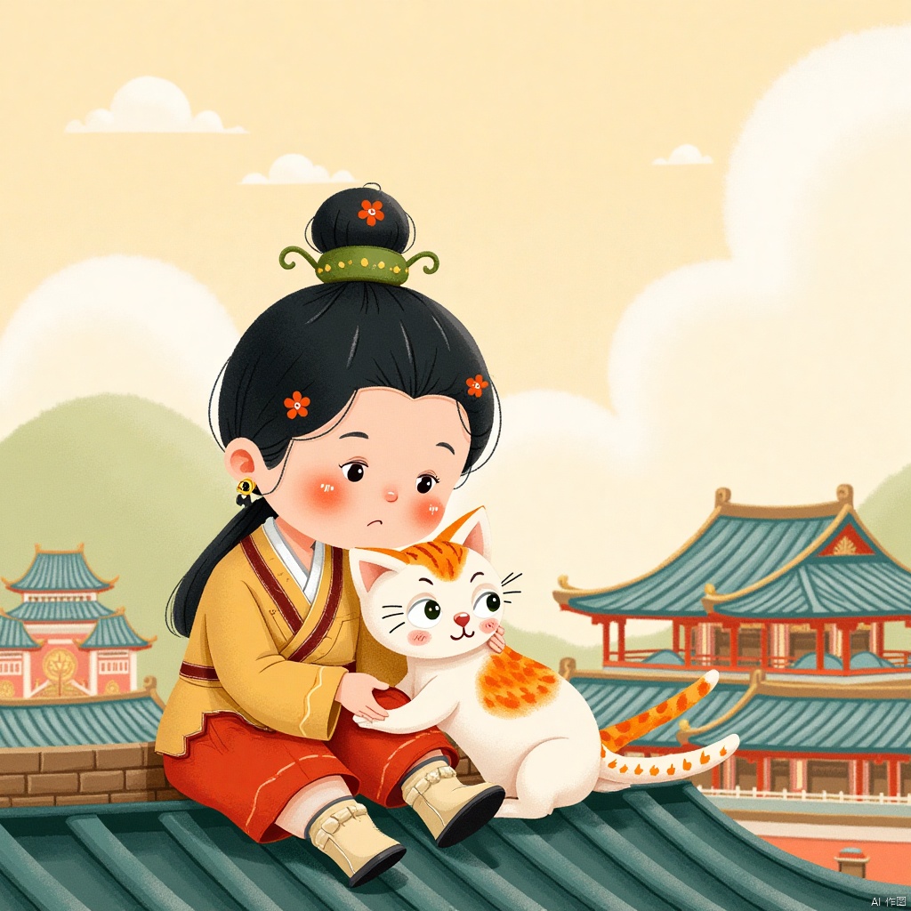 Girl sitting on the roof playing with a cat, pet, Yunling, cute, imperial palace, girl wearing Hanfu, warm Yang, ((koi color)), petting a cat, high-heeled boots,children's illustrations