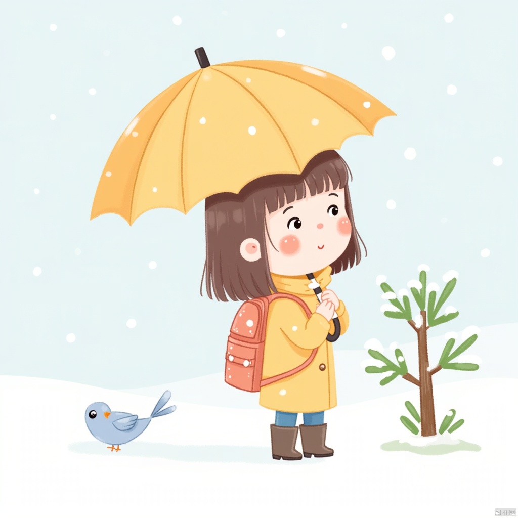 1girl, umbrella, bag, backpack, brown hair, outdoors, solo, holding, snow, holding umbrella, boots, snowing, from side, blush stickers, leaf, tree, chibi, coat, short hair, profile, long sleeves, bob cut, bird, standing, yellow coat, winter, animal, nature