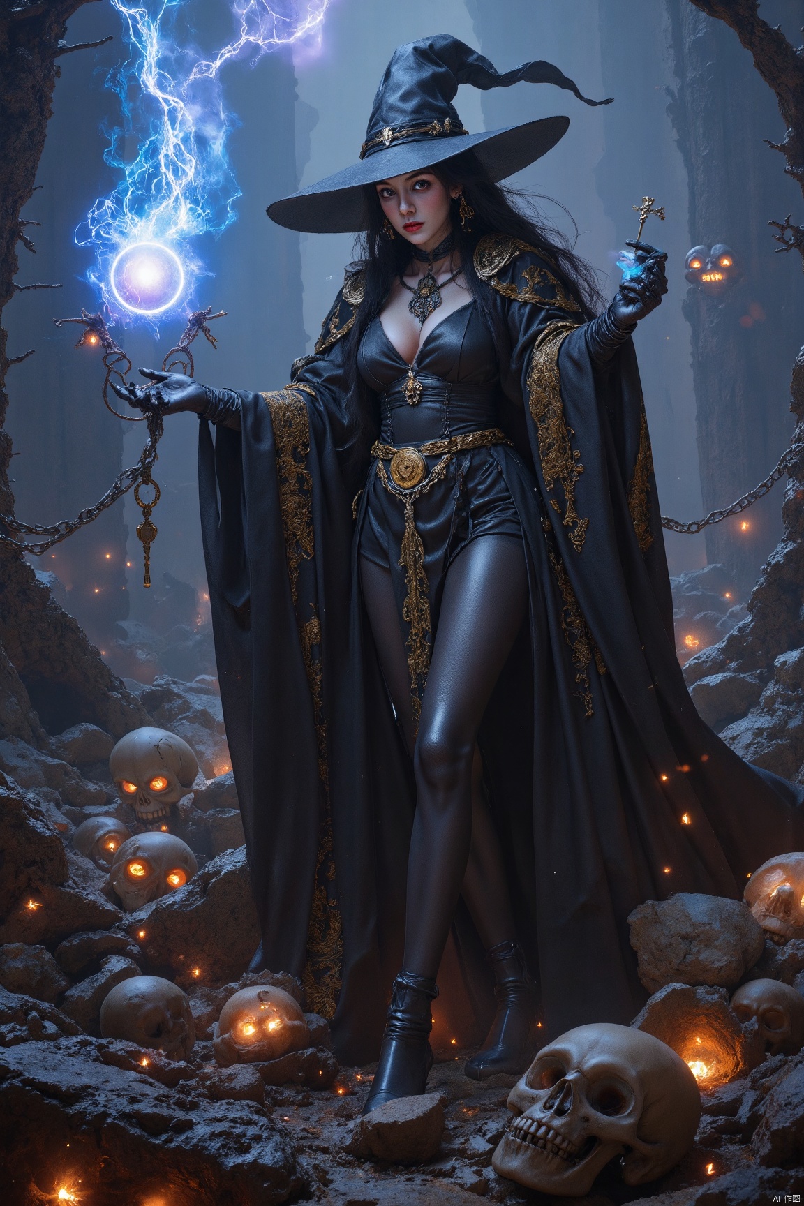 a woman,WSJFLUX,a dark runic female zombie lich, black gold female zombie, magical void energy, glowing eyes, death lightning, death energy ball floating on it's hand, casting a spell, energy cracking, bone hand, dressed in a luxury cloak, astral skulls floating around, earth and rock floating with energy as the lich hold, Detailed glowing runic line floating around, bones and skulls lays on the ground, dark purple energy, floating in the air, energy chain, magic circle on the ground,,Detailed,Realistic,4k highly detailed digital art,octane render, bioluminescent, 8K resolution concept art, realism,by Mappa studios,masterpiece,best quality,official art,illustration,ligne claire,(cool_color),perfect composition,absurdres, fantasy,focused,rule of third. ((( big hips, breast)))