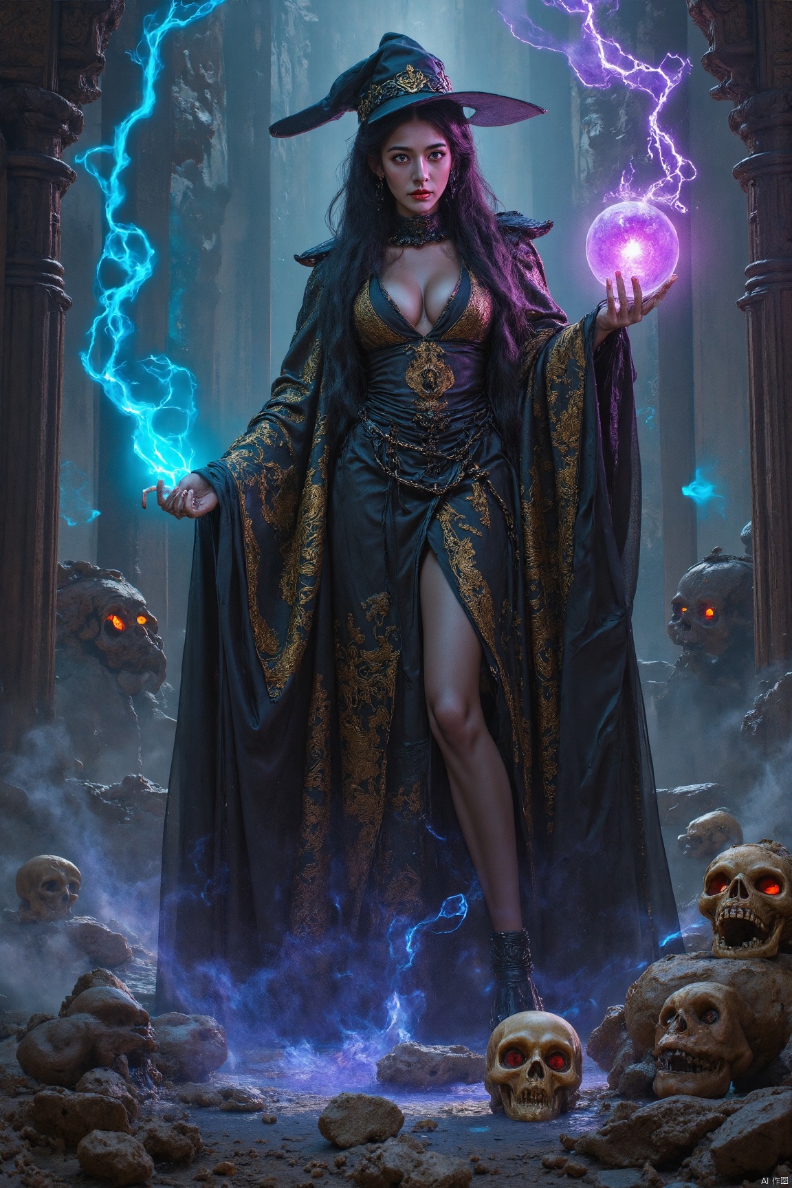 a woman,WSJFLUX,a dark runic female zombie lich, black gold female zombie, magical void energy, glowing eyes, death lightning, death energy ball floating on it's hand, casting a spell, energy cracking, bone hand, dressed in a luxury cloak, astral skulls floating around, earth and rock floating with energy as the lich hold, Detailed glowing runic line floating around, bones and skulls lays on the ground, dark purple energy, floating in the air, energy chain, magic circle on the ground,,Detailed,Realistic,4k highly detailed digital art,octane render, bioluminescent, 8K resolution concept art, realism,by Mappa studios,masterpiece,best quality,official art,illustration,ligne claire,(cool_color),perfect composition,absurdres, fantasy,focused,rule of third. ((( big hips, breast)))