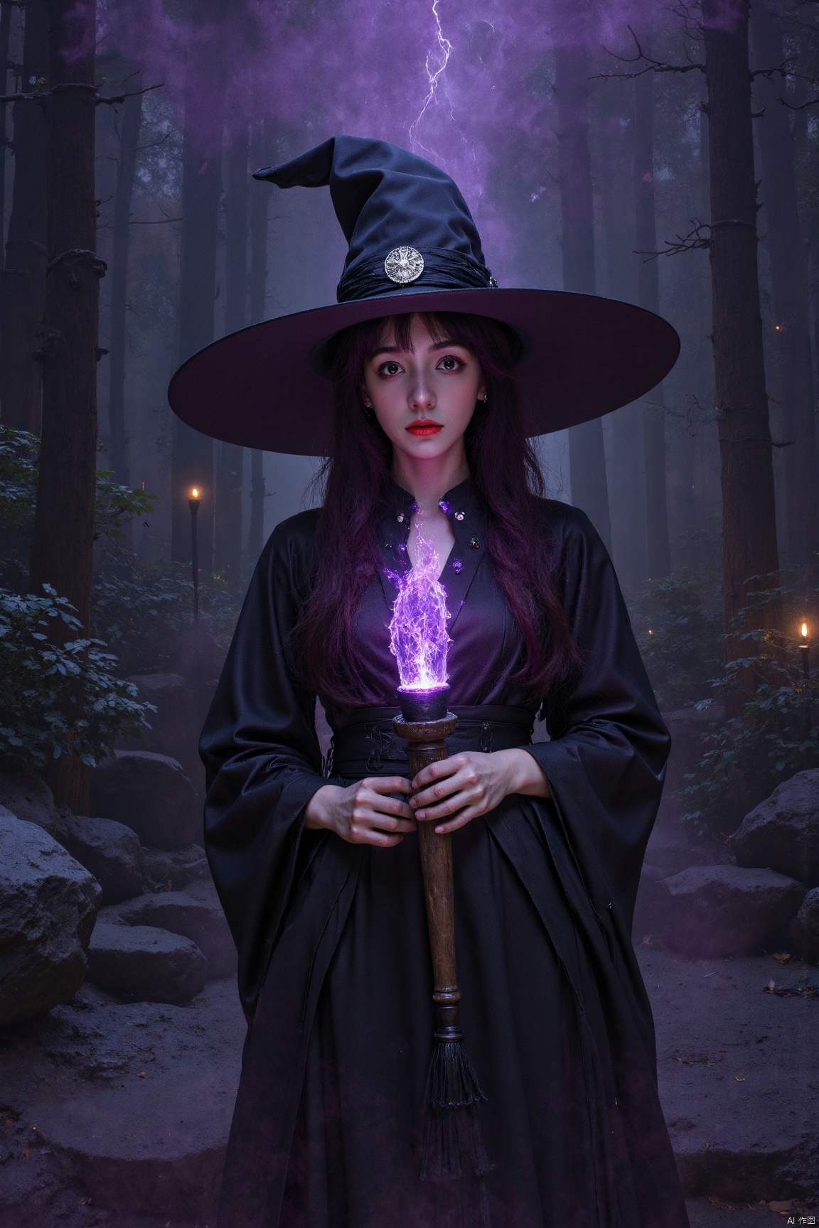 a woman,WSJFLUX,magic witch , purple ray, dark house, night , sensual witch