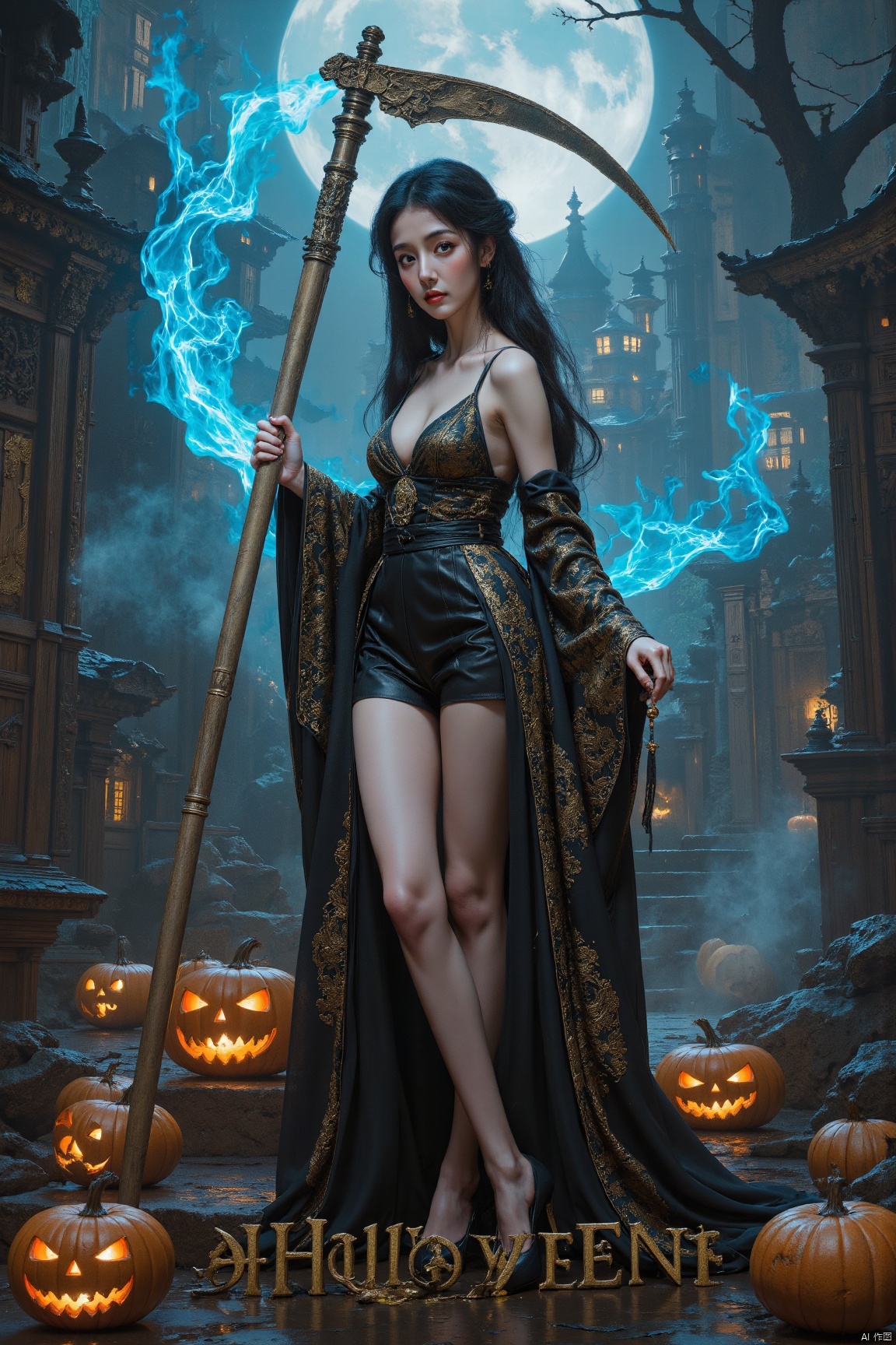 a woman,halloween,WSJFLUX,((masterpiece, highest quality, Highest image quality, High resolution, photorealistic, Raw photo, 8K)), ((Extremely detailed CG unified 8k wallpaper)), (huge stunning goddess shot, very hot and sexy, jaw-dropping beauty, perfect proportions, beautiful body, slim body beauty:1.4), A girl wielding a huge scythe, movie poster, large "Halloween" written at bottom of screen,blue fire