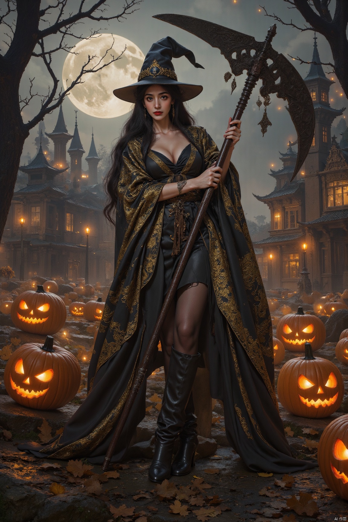 a woman,halloween,WSJFLUX,((masterpiece, highest quality, Highest image quality, High resolution, photorealistic, Raw photo, 8K)), ((Extremely detailed CG unified 8k wallpaper)), (huge stunning goddess shot, very hot and sexy, jaw-dropping beauty, perfect proportions, beautiful body, slim body beauty:1.4), A girl wielding a huge scythe, movie poster, large "Halloween" written at bottom of screen,