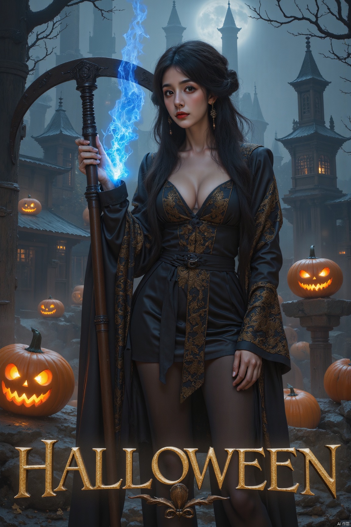 a woman,halloween,WSJFLUX,((masterpiece, highest quality, Highest image quality, High resolution, photorealistic, Raw photo, 8K)), ((Extremely detailed CG unified 8k wallpaper)), (huge stunning goddess shot, very hot and sexy, jaw-dropping beauty, perfect proportions, beautiful body, slim body beauty:1.4), A girl wielding a huge scythe, movie poster, （large "Halloween" written at bottom of screen）,blue fire