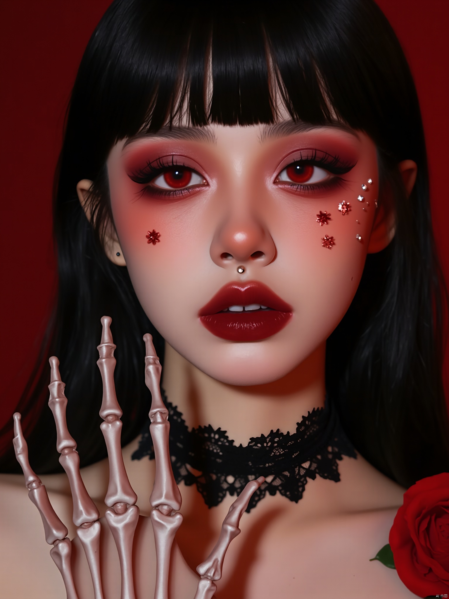 OBwans,Halloween makeup,High definition, 4K, rich in details.
The image is a high-resolution photograph of a young woman with a striking, gothic aesthetic. She has pale, porcelain skin and a delicate, feminine facial structure. Her eyes are large and expressive, with a striking red hue that stands out against her fair complexion. She has full, rosy cheeks and a subtle blush that adds to her ethereal appearance. Her lips are painted a deep, matte red, and she has a small silver stud piercing on her lower lip.

Her dark, straight hair is styled with blunt bangs that frame her face, and she has a black, lace choker around her neck. On her right cheek, there are small red and white glittery dots, adding a touch of glamour to her makeup.

She is wearing a white, skeletal hand accessory on her left hand, with the fingers and knuckles visible, which adds a macabre element to her look. A red rose is placed on her right shoulder, contrasting with the black lace choker. The background is a deep, rich red, enhancing the dramatic and intense nature of the image. The overall style is gothic, with a focus on bold, contrasting colors and accessories that create a striking, otherworldly effect.