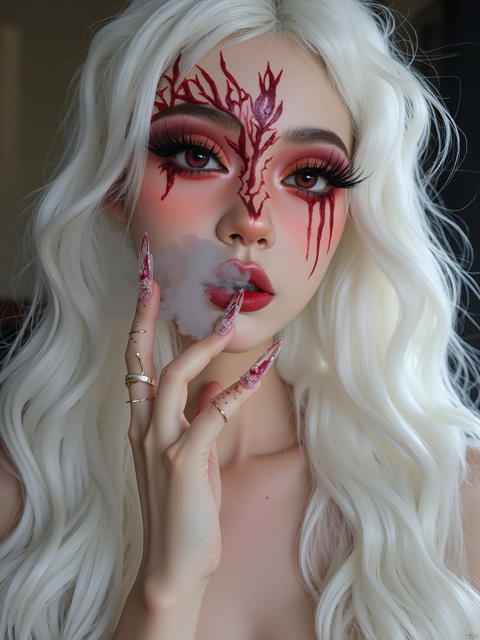 OBwans,Halloween makeup,Ultra-clear facial details,
This is a high-resolution photograph of a young woman with a striking, otherworldly aesthetic. She has fair skin and long, wavy, white hair that cascades down her shoulders, giving her a surreal, almost mythical appearance. Her makeup is elaborate and dramatic, featuring a bold, red, abstract design on her forehead and around her eyes, resembling a bloodied mask. Her lips are painted a deep, rich red, and she has a delicate blush on her cheeks. 
Her eyes are accentuated with thick, long, dark lashes and a striking red eyeshadow that matches the red design on her forehead. She is blowing out a cloud of smoke, which adds a mystical, ethereal element to the image. Her fingernails are long and meticulously manicured, adorned with intricate, pink and white designs that mimic delicate flowers. She wears a simple, elegant ring on her left ring finger.
The background is out of focus, ensuring the focus remains on her face and the intricate details of her makeup and hairstyle. The overall mood of the photograph is dark and mysterious, with a strong emphasis on fantasy and beauty.