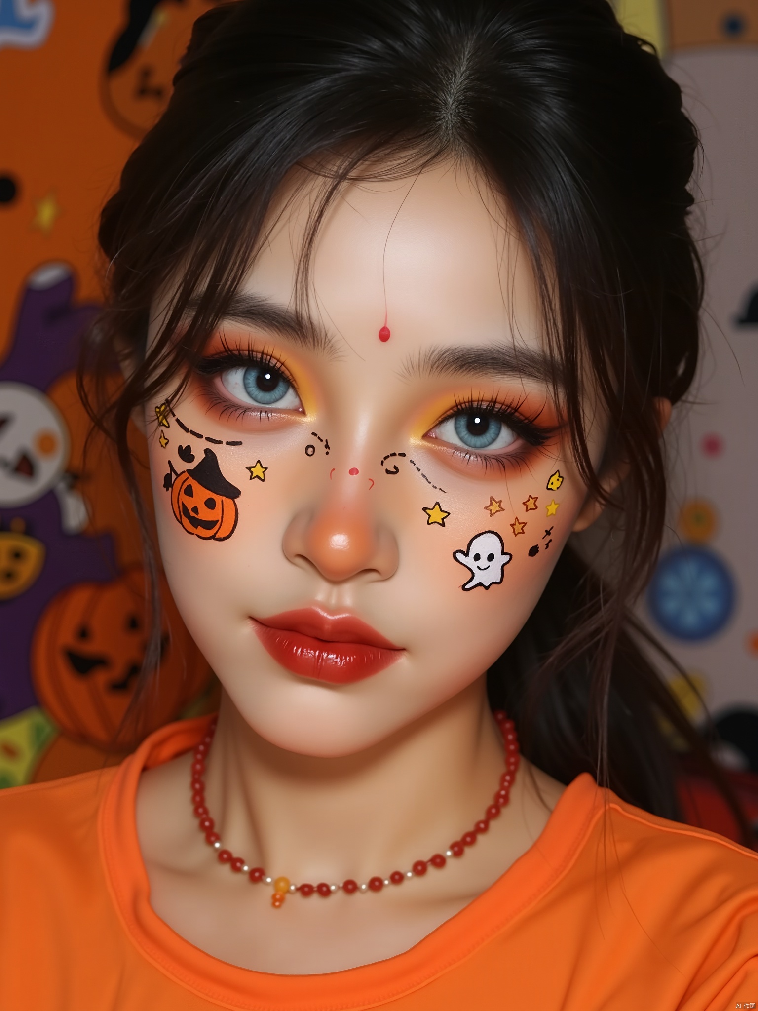 OBwans,Halloween makeup,Ultra-clear facial details,
rich in details. This is a high-resolution photograph of a young woman with a fair complexion, light skin tone, and striking blue eyes. Her face is adorned with intricate makeup, including a glossy, shiny red lipstick, and a detailed Halloween-themed face painting. The face painting features a small, orange jack-o'-lantern on her left cheek, a white ghost on her right cheek, and a series of yellow stars and lines around her eyes and forehead, giving her a whimsical, festive look. Her eyebrows are meticulously groomed, and she has long, voluminous, black eyelashes that accentuate her eyes. She has a small mole on her left cheek, and her hair is dark brown, partially tied back, with loose strands framing her face. She wears a bright orange top, which contrasts with her skin tone, and a delicate red beaded necklace. The background is a slightly out-of-focus, colorful scene with various cartoon characters and playful designs, adding to the playful, festive atmosphere of the image. The overall style is vibrant and whimsical, capturing a Halloween-themed makeup look.