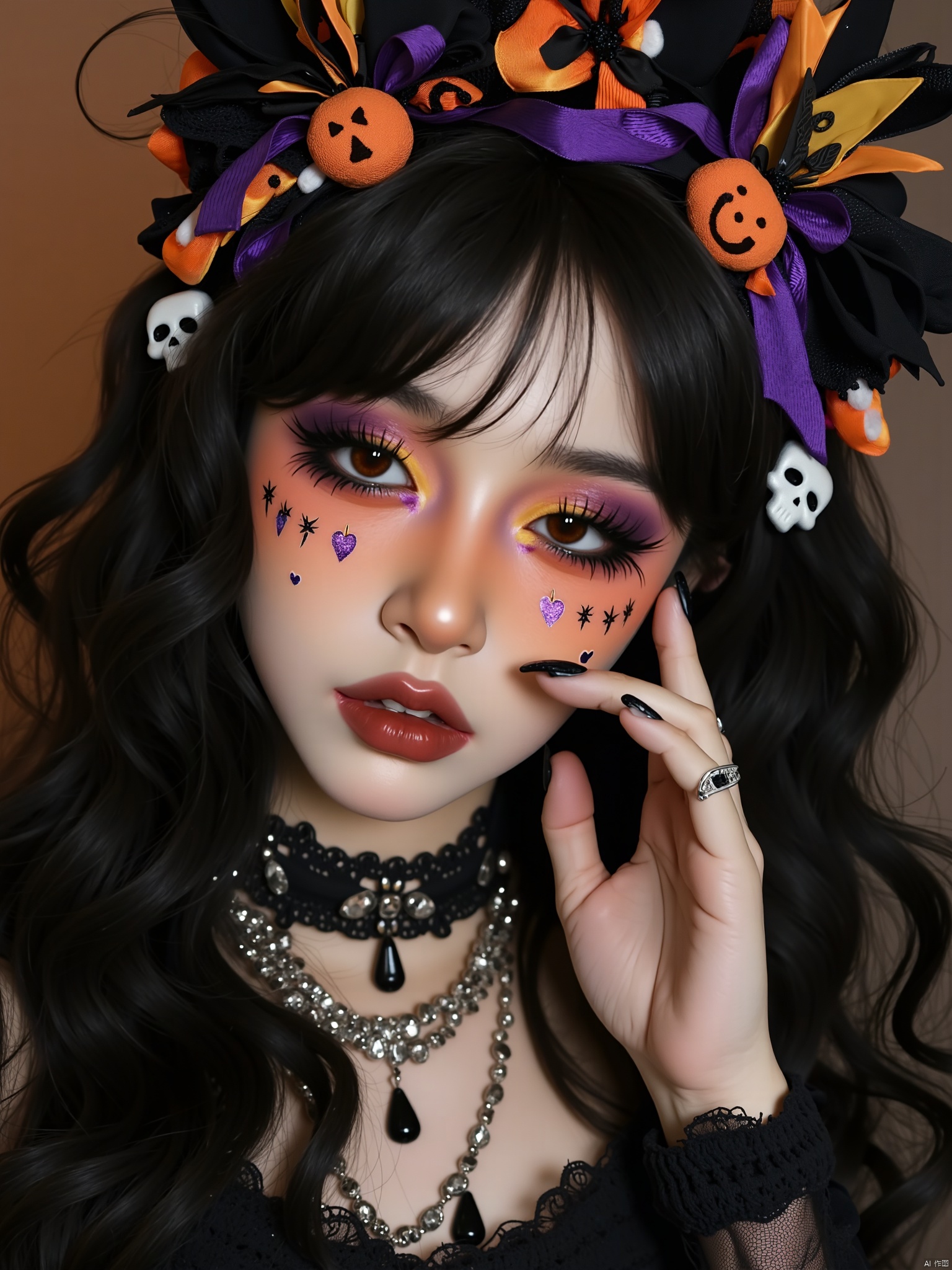 OBwans,Halloween makeup,High definition, 4K, rich in details.
This is a high-resolution photograph of a young woman with a striking Halloween-themed makeup look. She has a pale complexion and wavy, jet-black hair adorned with an elaborate headpiece featuring black and purple ribbons, orange and black candy corn, and small white skulls. Her eyes are accentuated with thick, dramatic false lashes and a mix of yellow, purple, and orange eyeshadow, creating a whimsical, spooky effect. Her cheeks are painted with a gradient of orange and yellow, and she has small, heart-shaped patches of purple on her cheeks. 

Her lips are a natural shade of pink, and she wears a black lace top. Around her neck, she has a layered necklace with a silver chain and multiple black and clear stones, adding a gothic touch to her outfit. Her left hand is gently touching her face, showcasing a silver ring with a black stone. The background is slightly blurred, focusing attention on her face and the intricate details of her makeup and accessories. The overall aesthetic is a blend of gothic and Halloween-inspired elements, creating a captivating, otherworldly appearance.