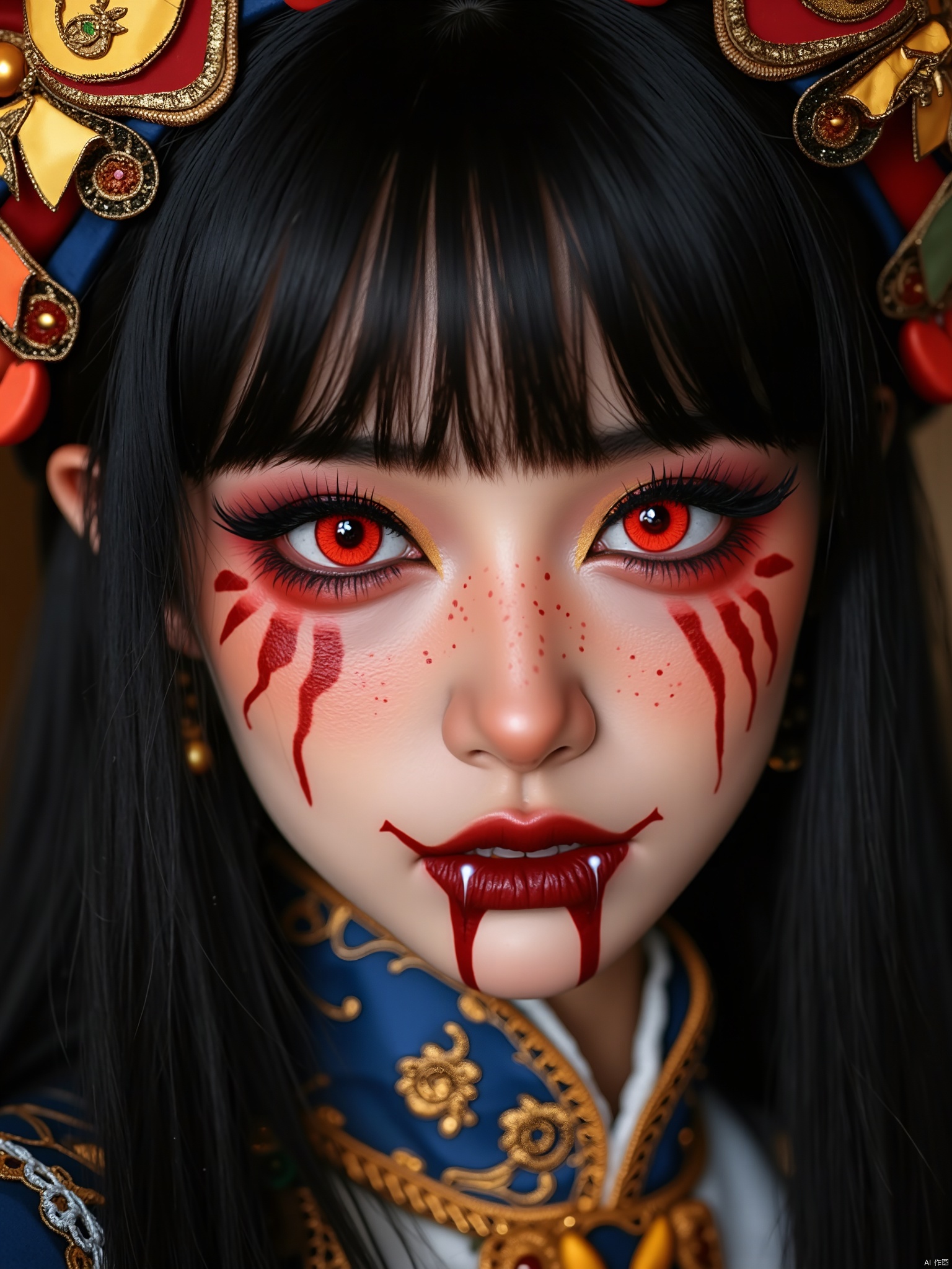 OBwans,Halloween makeup,Ultra-clear facial details,
This is a highly detailed, high-resolution photograph of a young woman with a striking, anime-inspired makeup look. She has fair skin with a light dusting of freckles, particularly prominent on her cheeks. Her eyes are large and almond-shaped, accentuated with thick, dark eyeliner and voluminous false lashes. The irises are a vivid, striking red, adding a dramatic contrast to her eye makeup. Red streaks are painted across her face, particularly on her cheek and forehead, adding a bold, almost tribal aesthetic.Her lips are full and painted a deep, matte red, matching the red in her eyes. She has sharp, pointed teeth, which are slightly visible, giving her a slightly fanged appearance. Her hair is long and straight, black with a slight glossy sheen, and styled with blunt bangs that frame her face. She wears a colorful, ornate headpiece that has a mix of yellow, red, and gold patterns, adding to the eclectic and fantasy-like nature of her attire.Her outfit is a rich, dark blue garment with intricate gold embroidery and lace details, suggesting a traditional or historical theme. The overall image is vibrant and bold, capturing a mix of anime and fantasy aesthetics.
