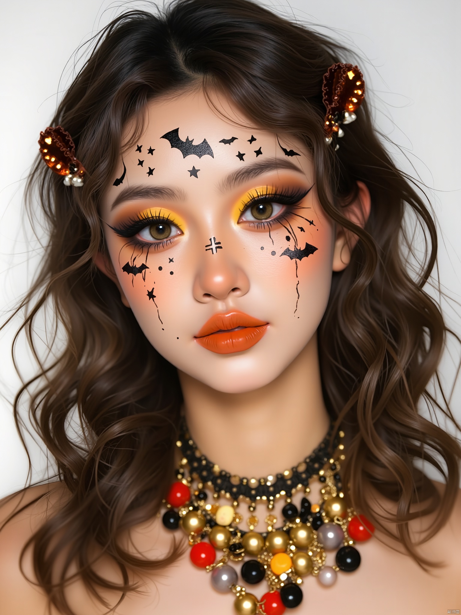 OBwans,Halloween makeup,Ultra-clear facial details,
This is a high-resolution photograph of a young woman with a striking and elaborate makeup look. She has light skin and medium-length, curly brown hair that frames her face. Her eyes are accentuated with bold, yellow eyeshadow that extends to her eyebrows, creating a dramatic contrast with her dark eyeliner and mascara. She wears false lashes that add volume and length to her eyes. 
Her cheeks and forehead are adorned with intricate black and white makeup designs, including small black bats and stars, giving her a whimsical, cartoonish appearance. Her lips are painted a vibrant, glossy orange. She wears a chunky, layered necklace made of various materials including gold, red, and black beads, adding a bold and eclectic touch to her outfit.
The background is a plain white, ensuring that the focus remains on the subject. The lighting is bright and even, highlighting the details of her makeup and jewelry. The overall aesthetic of the image is playful and artistic, blending elements of fantasy and fashion. The photograph captures a moment of vibrant, expressive self-expression.