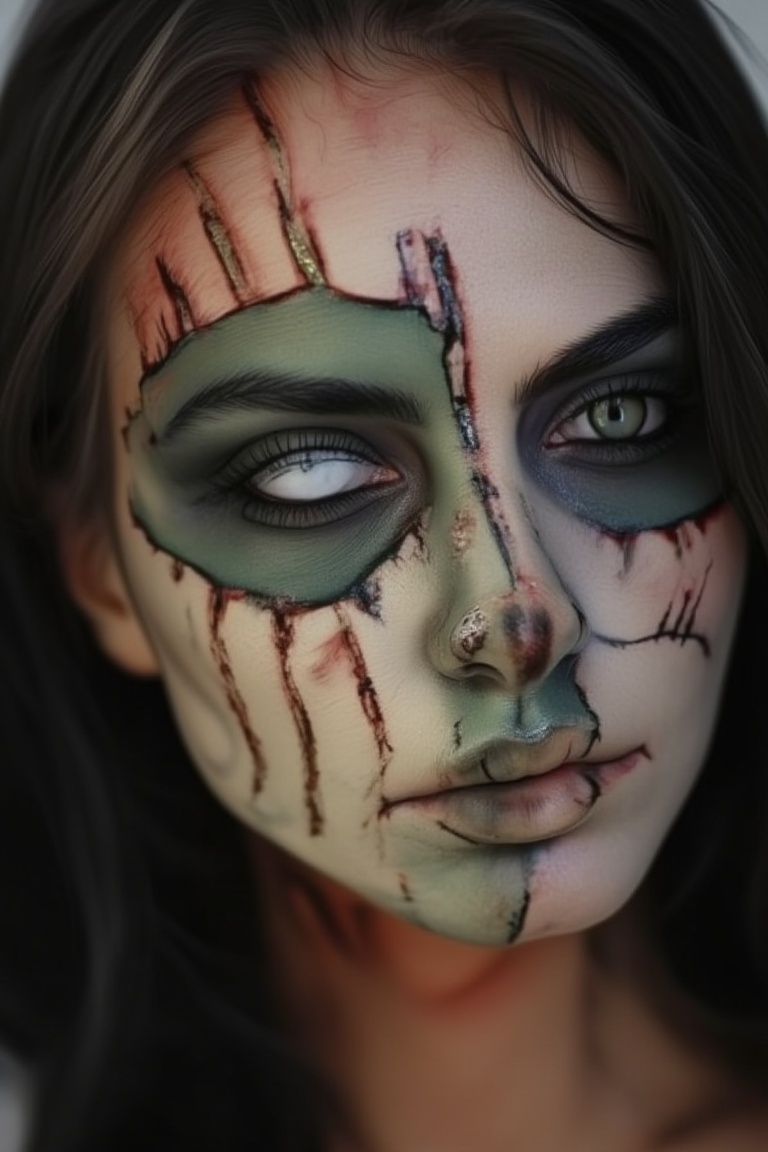 Create a makeup look for a survivor of the zombie apocalypse. Show blood splatters, scars, and dirt on the face. Use ripped, decayed skin effects around the cheeks and forehead, with greenish undertones. Add bruising around the eyes, and use fake blood for wounds.