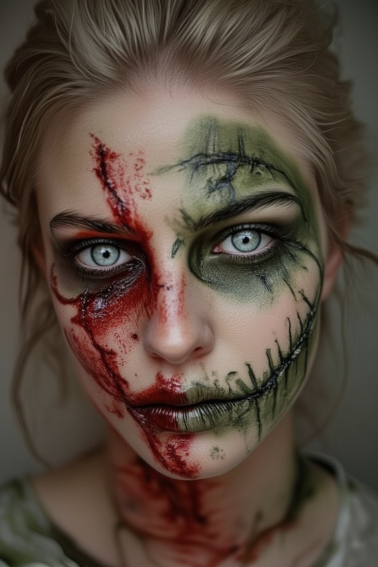 Create a makeup look for a survivor of the zombie apocalypse. Show blood splatters, scars, and dirt on the face. Use ripped, decayed skin effects around the cheeks and forehead, with greenish undertones. Add bruising around the eyes, and use fake blood for wounds.