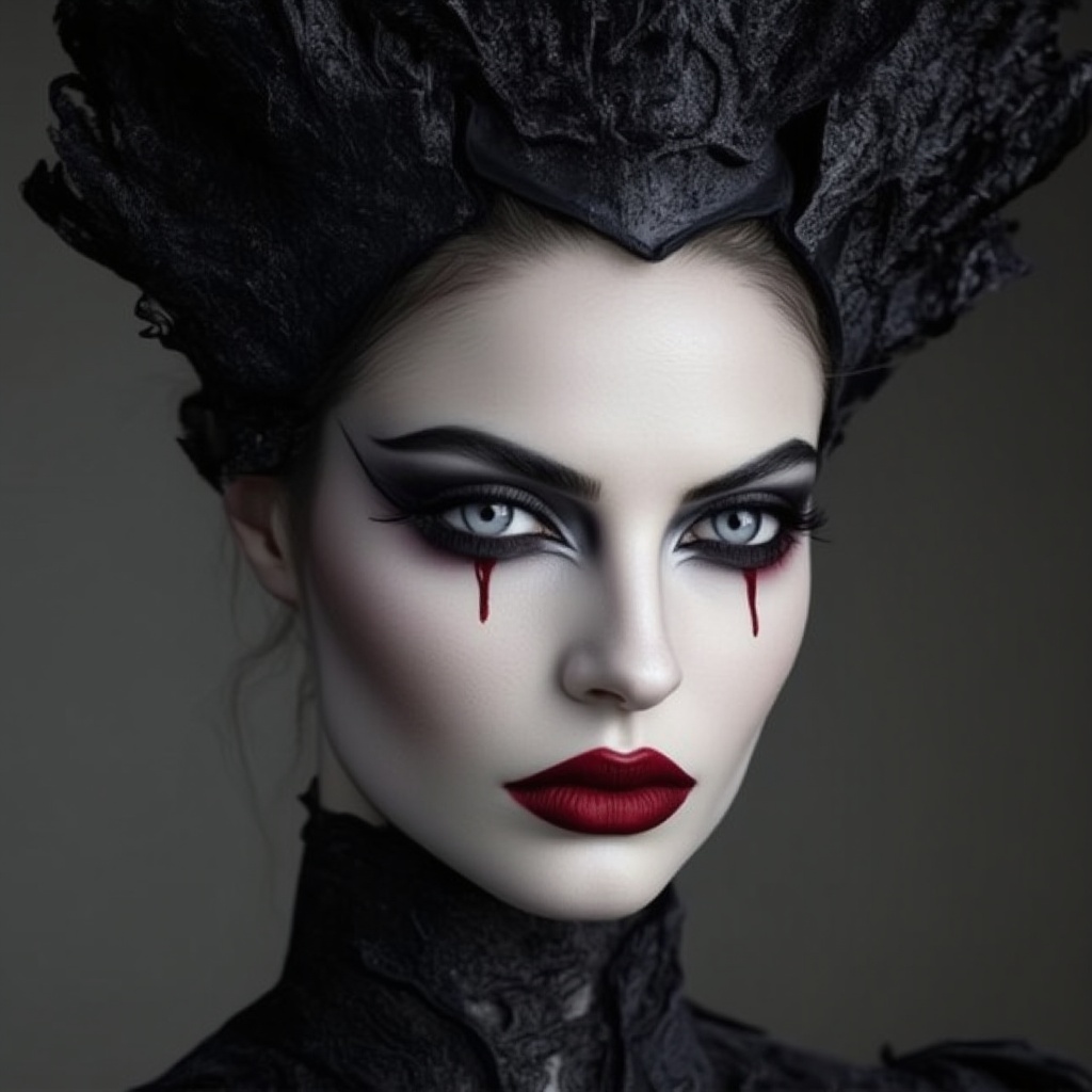 Design a Halloween makeup look for a regal vampire queen. Use pale white foundation, deep red or black lips, sharp contouring for cheekbones, and dramatic smoky eyes. Add blood trickling down from the corners of the mouth, and incorporate dark, gothic elements like black lace or a crown for the final touch.