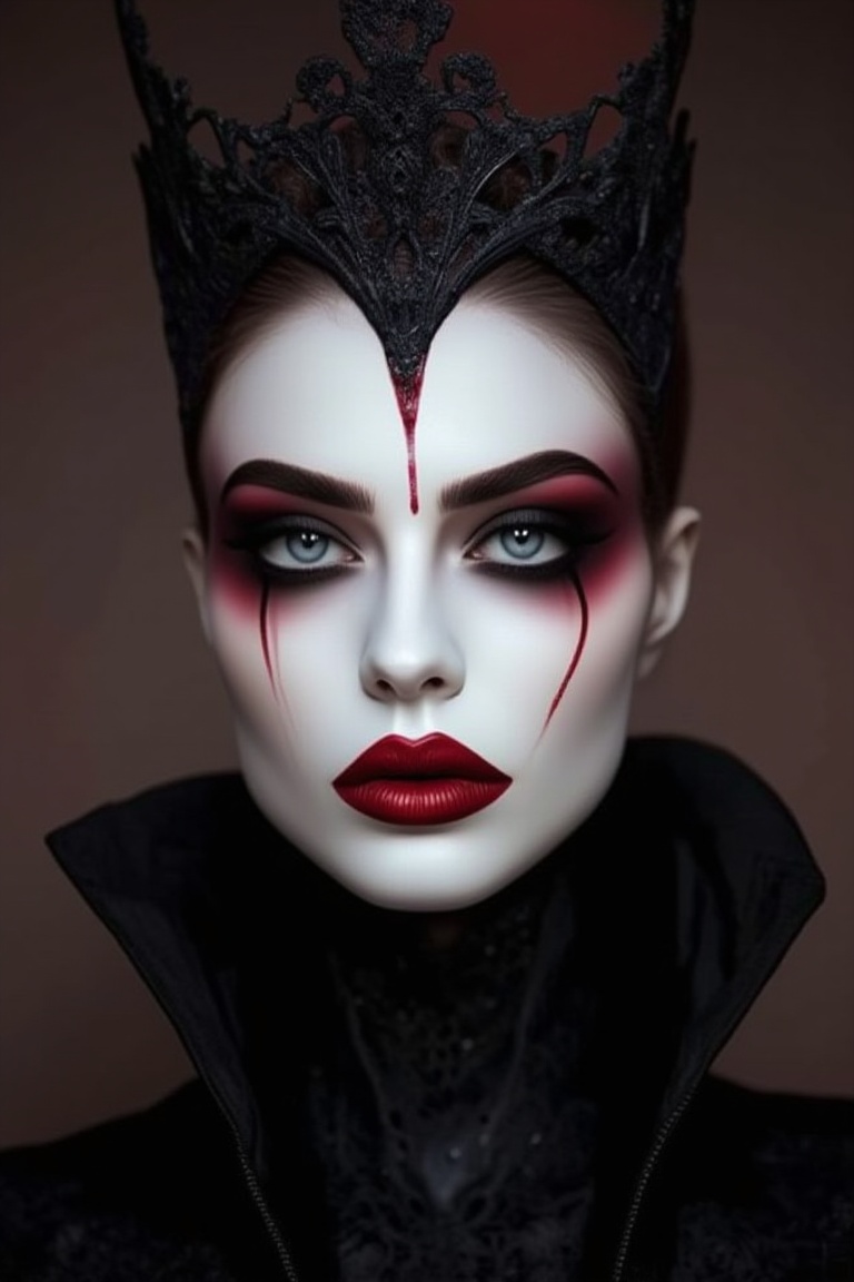 Design a Halloween makeup look for a regal vampire queen. Use pale white foundation, deep red or black lips, sharp contouring for cheekbones, and dramatic smoky eyes. Add blood trickling down from the corners of the mouth, and incorporate dark, gothic elements like black lace or a crown for the final touch.