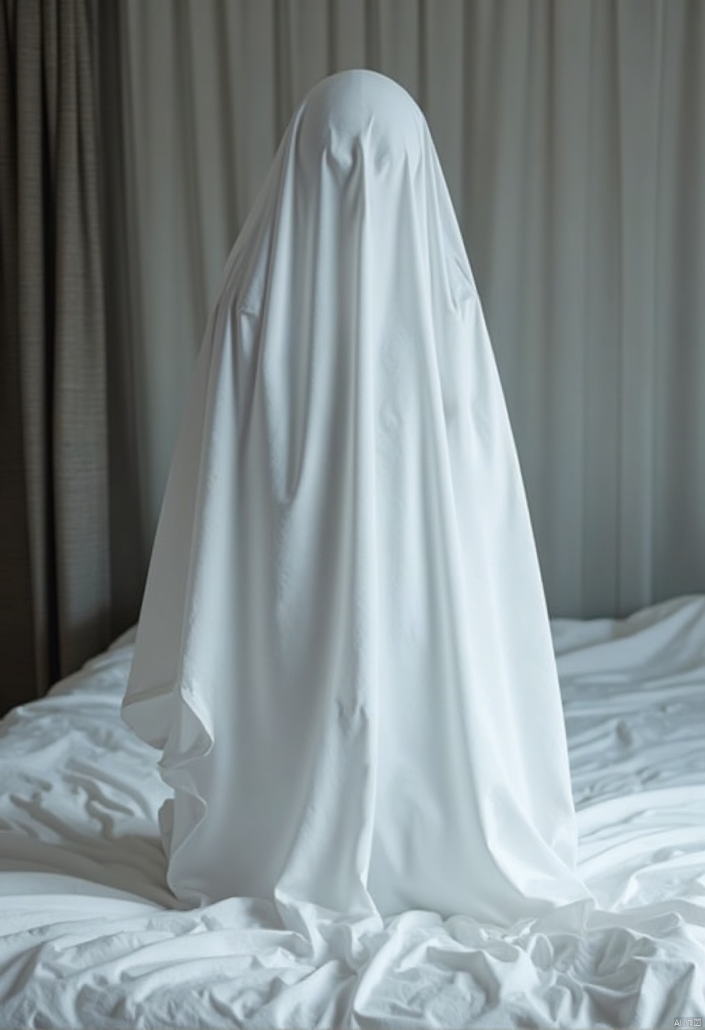 Ghost suits,a ghostly figure stands on a white bedspread. The figure is dressed in a white robe
