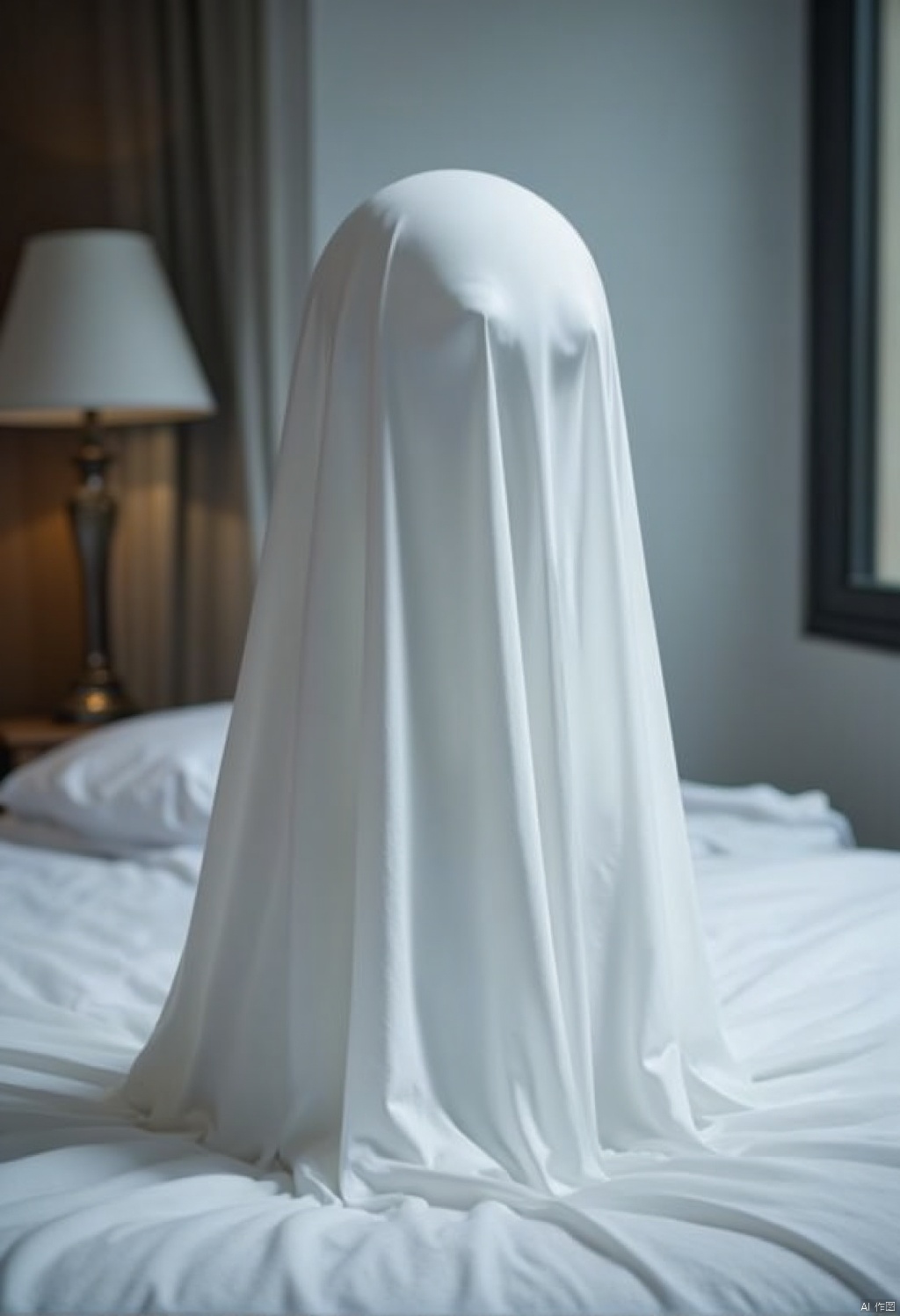 Ghost suits,a ghostly figure stands on a white bedspread. The figure is dressed in a white robe
