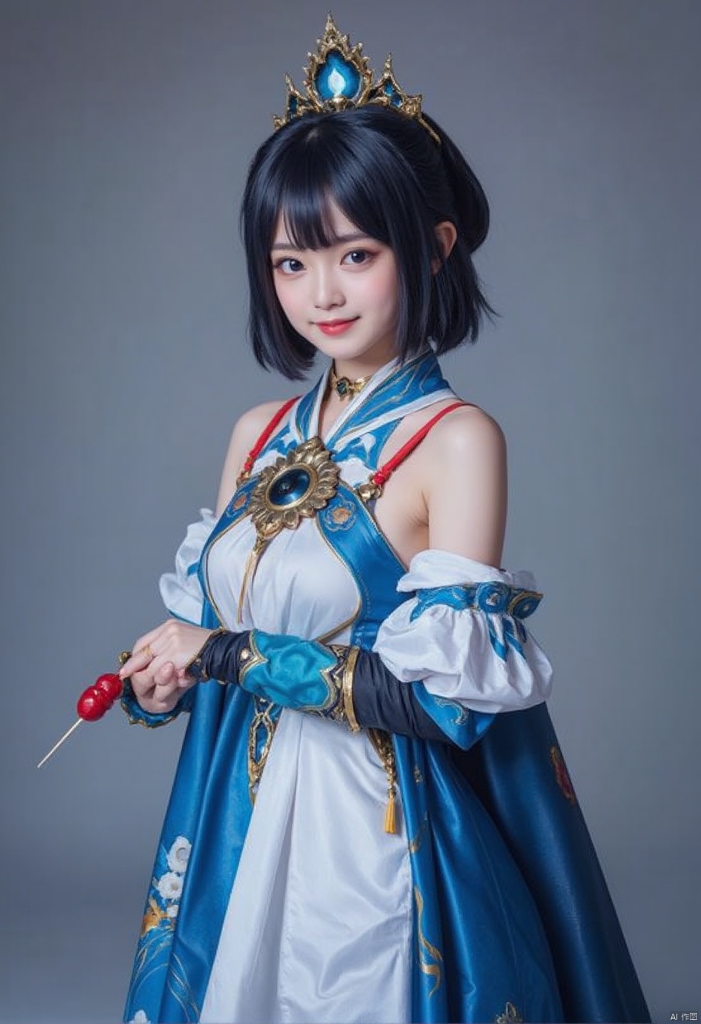 Cos Yunli's costume
Captured at eye-level on a medium-sized portrait of an Asian woman dressed in a blue and white costume
adorned with a crown on her head and a gold necklace. She is holding a red lollipop in her right hand