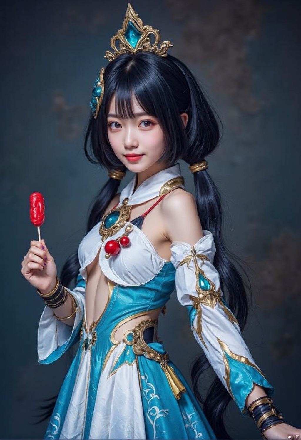 Cos Yunli's costume
Captured at eye-level on a medium-sized portrait of an Asian woman dressed in a blue and white costume
adorned with a crown on her head and a gold necklace. She is holding a red lollipop in her right hand