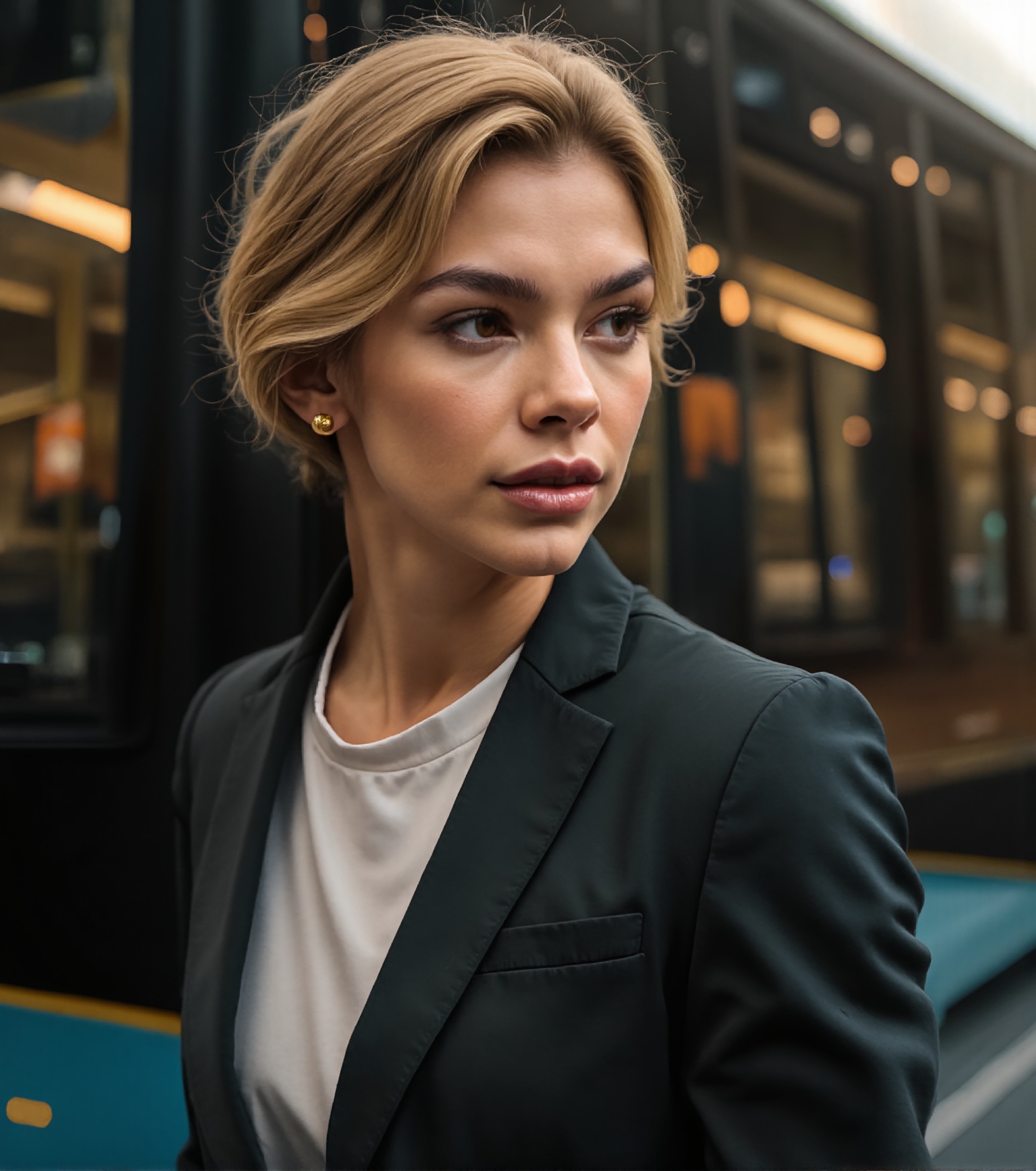 a handsome blonde man,  tall with elegant clothes standing next to a bus,  realistic on Tensor.Art