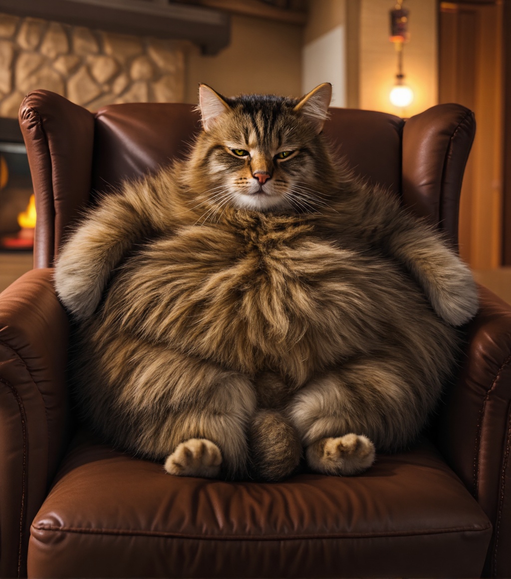 A fat,  pot bellied cat with messy fur,  a slob on Tensor.Art
