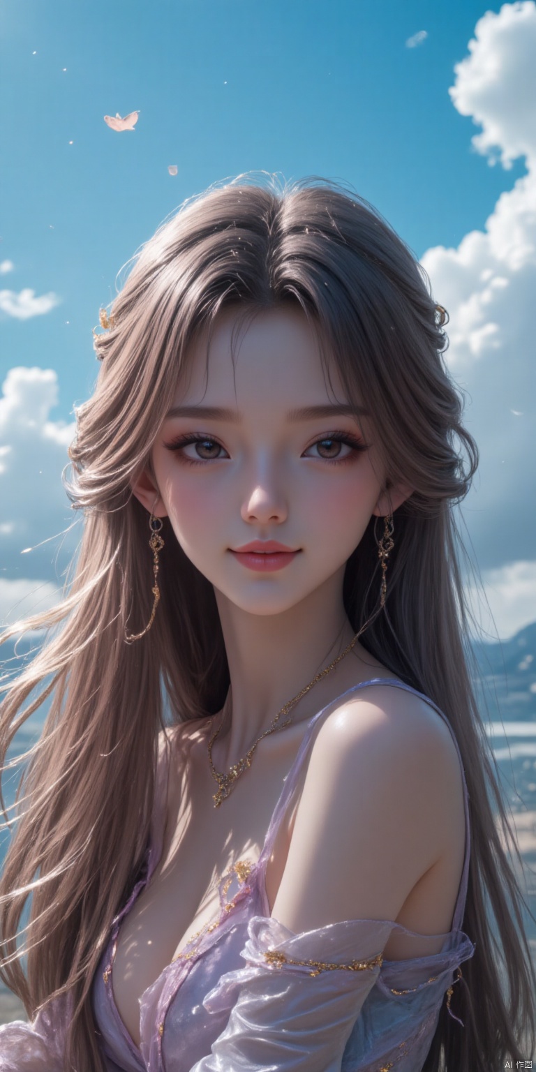 A masterpiece of a photograph captures a sunny girl posing effortlessly in a warm, golden light. Framed against a bright blue sky, her radiant smile and sparkling eyes are the focal point of the image. Soft, fluffy clouds drift lazily by, adding texture to the serene atmosphere. The girl's long hair blows gently in the breeze, framing her innocent features.