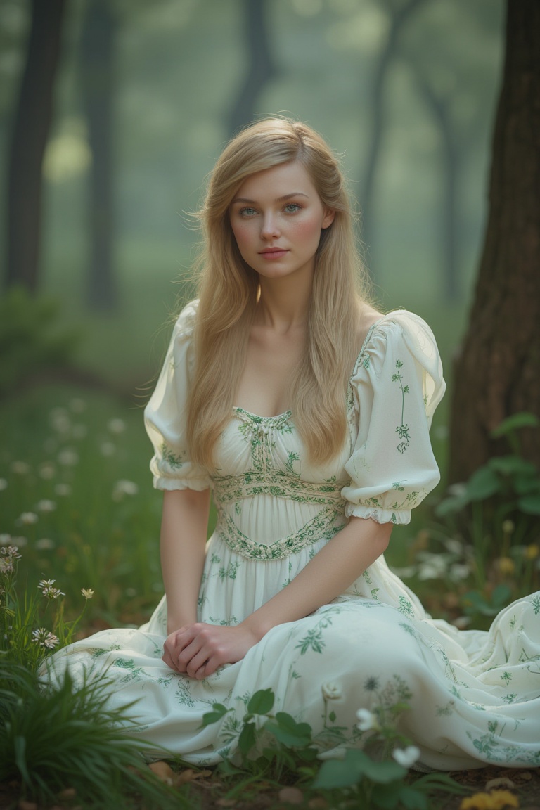 A tranquil landscape unfolds. A stately woman with lush blonde hair flowing down her back sits elegantly with her knees to...