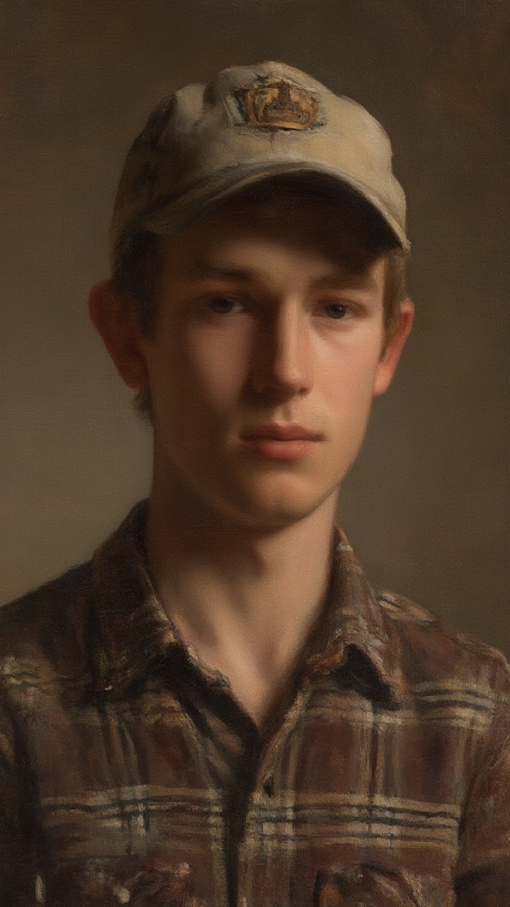The painting portrays a young man wearing a baseball cap with a calm,  composed expression. His face is half-shadowed,  wi...