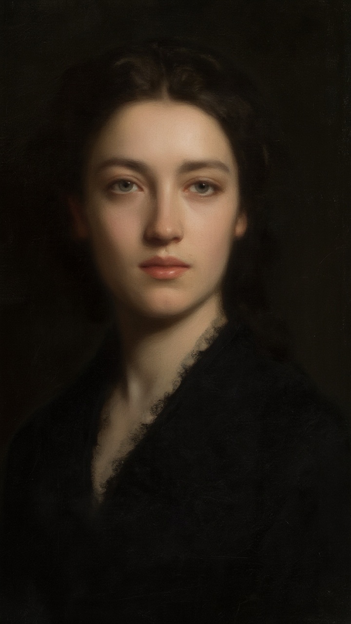 A painting shows a young woman with dark hair and a pale complexion,  gazing softly toward the viewer. Her expression is c...