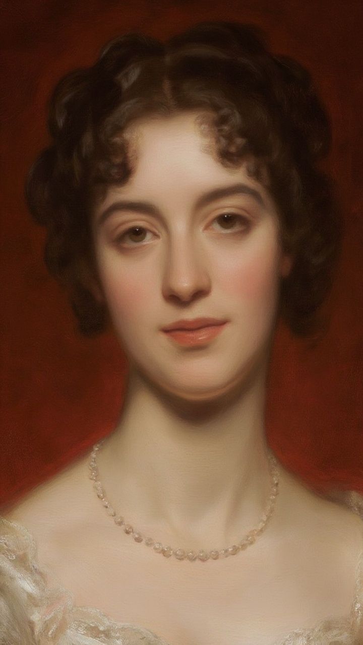 The painting features a refined woman,  most likely from the early 19th century,  with elegant features. Her expression is...