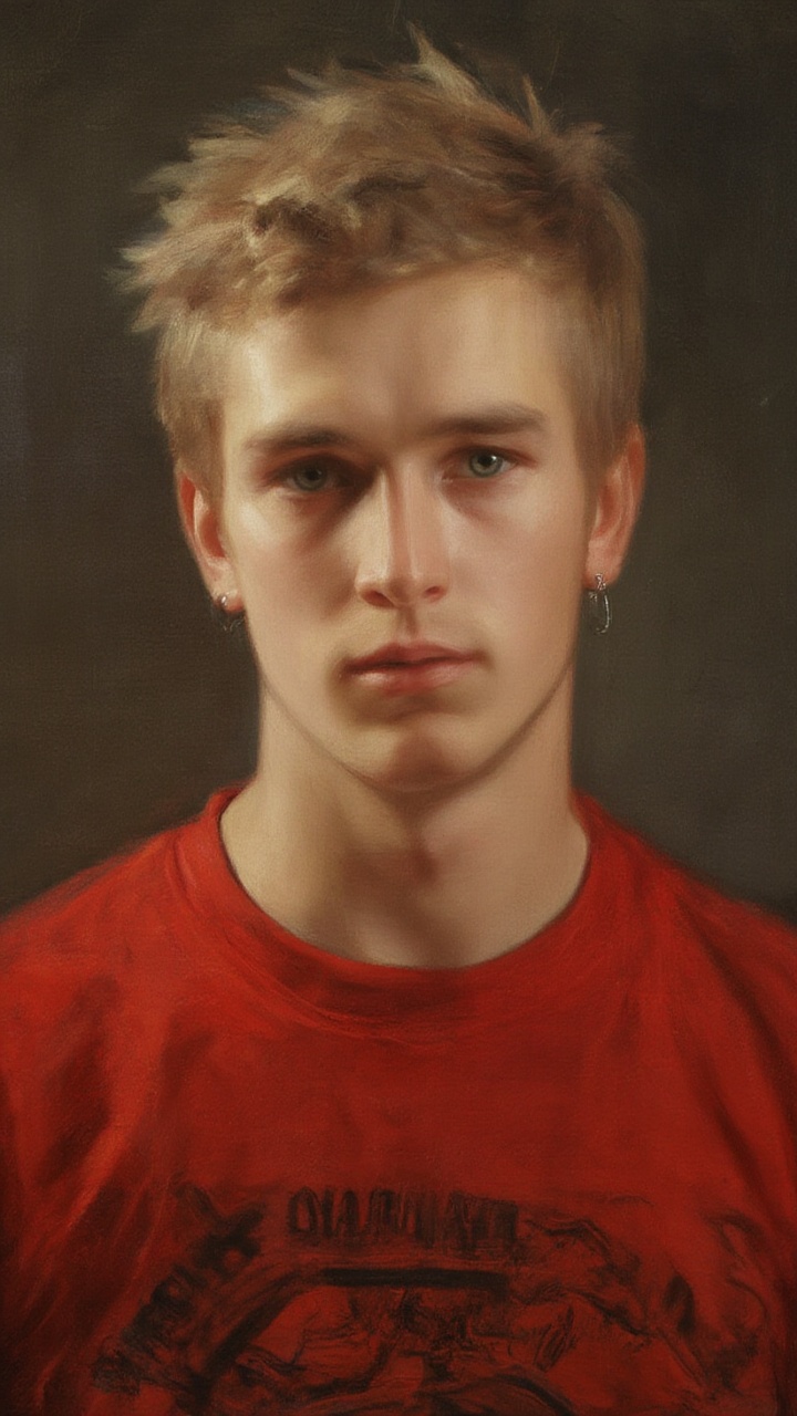 Senior High School Yearbook Photo: A close-up painting portrait of a handsome Brazilian-Spanish male model with bleached h...