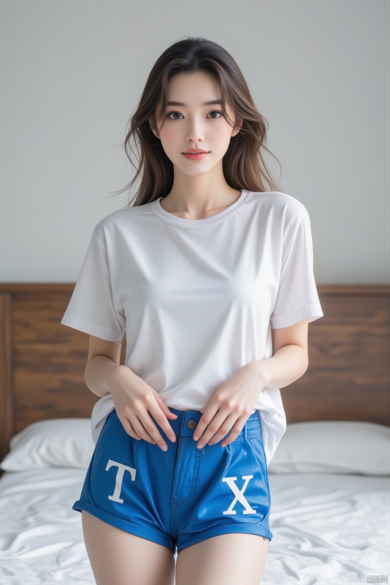Captured at eye-level, a medium-sized Asian woman stands in front of a bed. She is wearing a short-sleeved white t-shirt and blue shorts with the letters "T" and "X" printed on them in white. Her hair is long and brown, her eyes are a deep-brown, and she has a slight smile on her face. Her left hand is resting on her hip, and her right hand is slightly bent at the elbow. The background is blurred, but it is a sunny day. The bed she is standing on has a white bedspread on it, and there is a wooden headboard behind her.