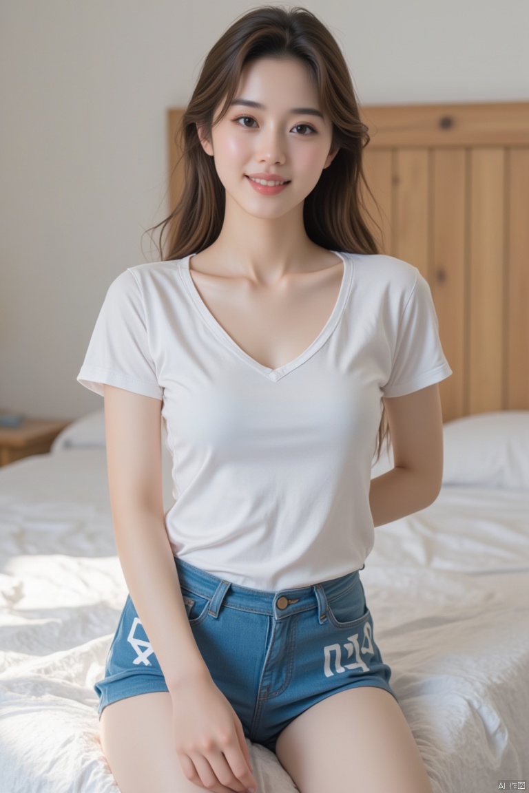 Captured at eye-level, a medium-sized Asian woman stands in front of a bed. She is wearing a short-sleeved white t-shirt and blue shorts with the letters "T" and "X" printed on them in white. Her hair is long and brown, her eyes are a deep-brown, and she has a slight smile on her face. Her left hand is resting on her hip, and her right hand is slightly bent at the elbow. The background is blurred, but it is a sunny day. The bed she is standing on has a white bedspread on it, and there is a wooden headboard behind her.