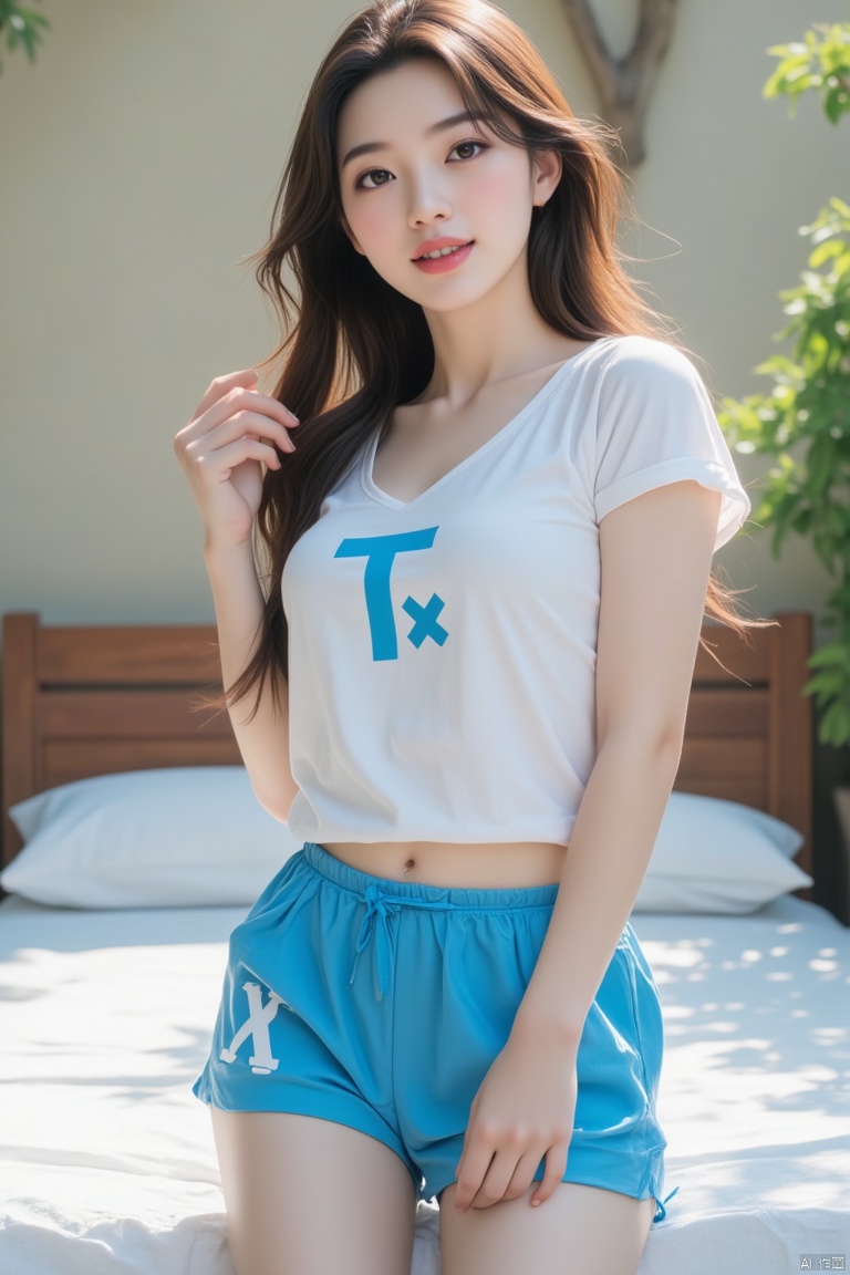 Captured at eye-level, a medium-sized Asian woman stands in front of a bed. She is wearing a short-sleeved white t-shirt and blue shorts with the letters "T" and "X" printed on them in white. Her hair is long and brown, her eyes are a deep-brown, and she has a slight smile on her face. Her left hand is resting on her hip, and her right hand is slightly bent at the elbow. The background is blurred, but it is a sunny day. The bed she is standing on has a white bedspread on it, and there is a wooden headboard behind her.