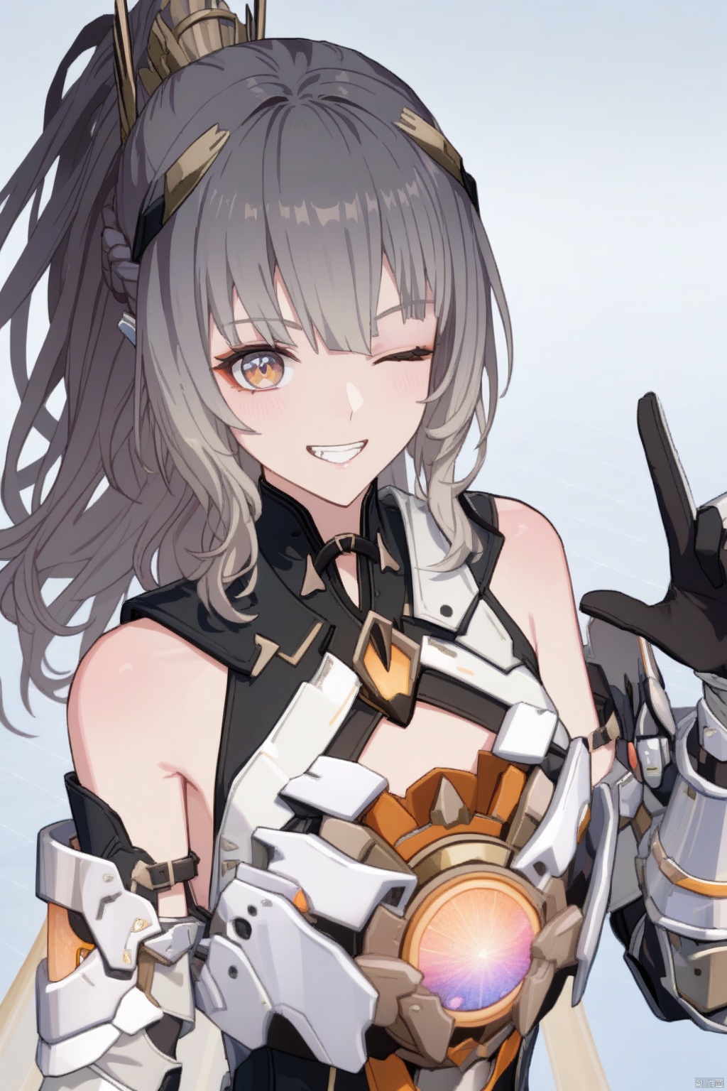  masterpiece,bestquality,highlydetailed,ultra-detailed,nanami 1girl solo long hair looking at viewer smile bangs gloves bare shoulders brown eyes ponytail one eye closed teeth black gloves armor